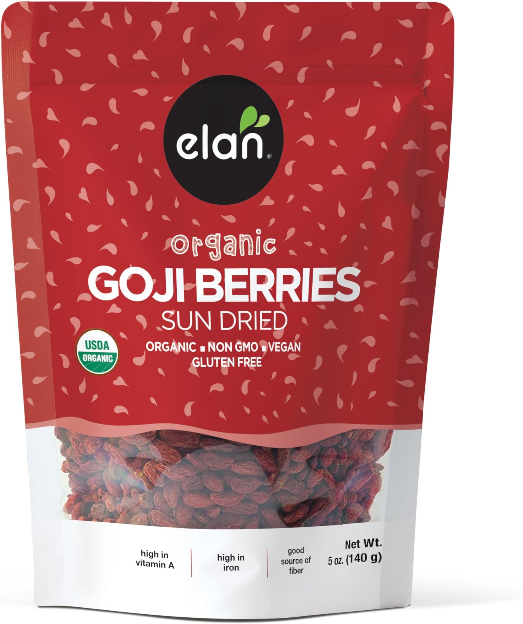 Elan Organic Dried Goji Berries, 4.9 oz, Sulphite-free, Non-GMO, Vegan, Gluten-Free, Kosher, Wolfberries, Healthy Snacks, Dried Fruit Snacks, Superfood