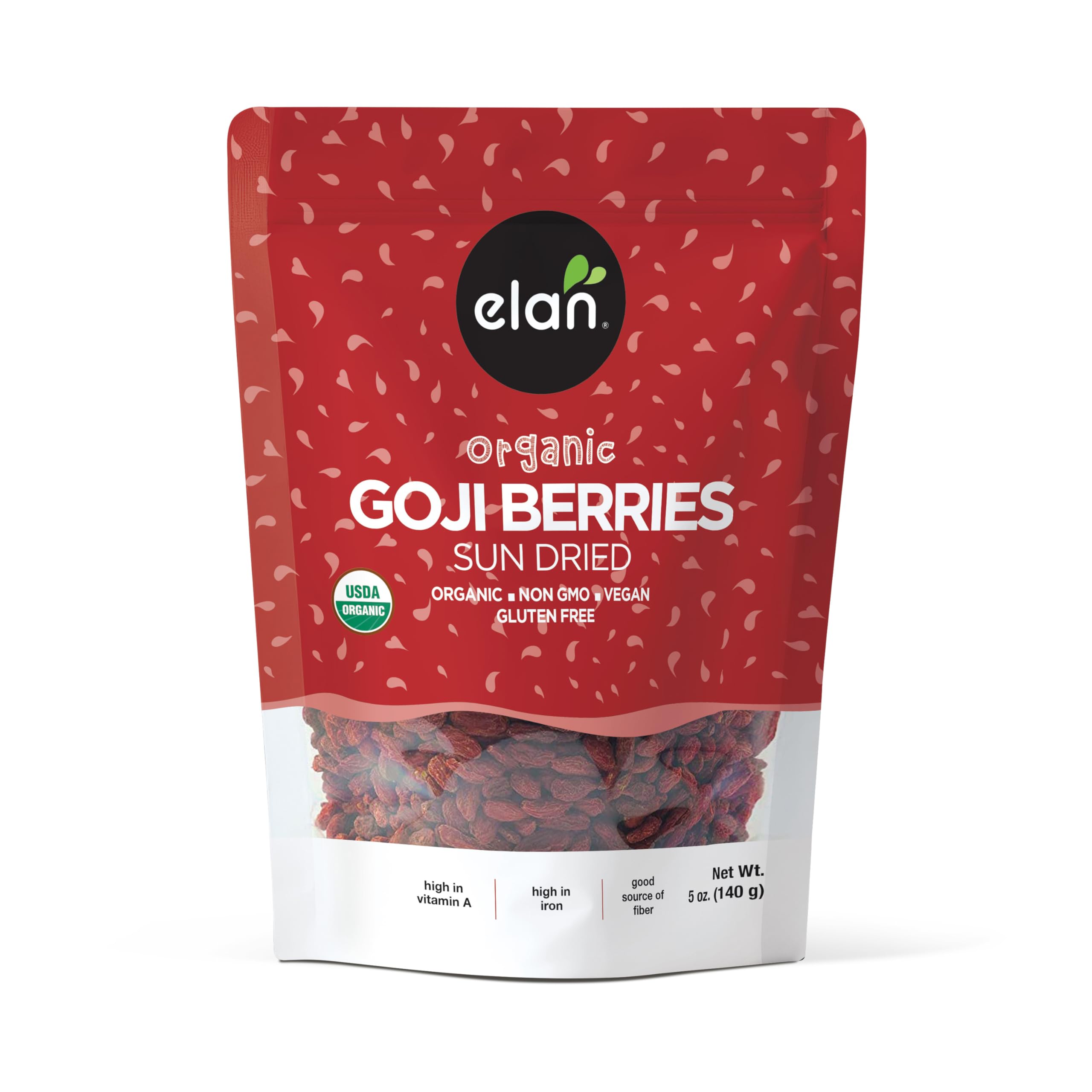 Elan Organic Dried Goji Berries, 4.9 oz, Sulphite-free, Non-GMO, Vegan, Gluten-Free, Kosher, Wolfberries, Healthy Snacks, Dried Fruit Snacks, SuperfoodUSDA Organic