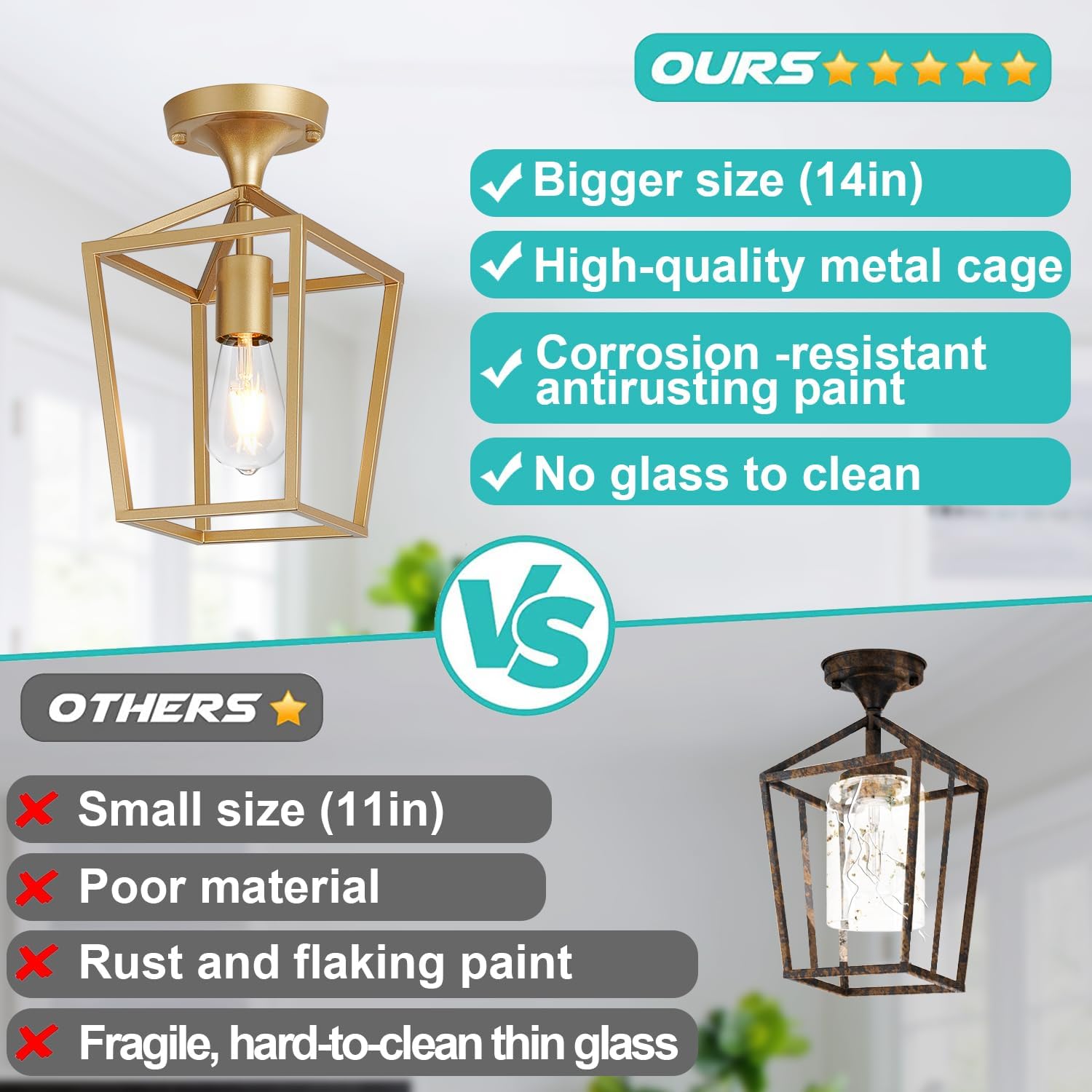 【Upgraded】Semi Flush Mount Ceiling Light,Gold Industrial Ceiling Light Fixtures, Farmhouse Light Fixture for Hallway Stairway Garage Living Room Dining Room Balcony（Not waterproof, Not for Outdoor）