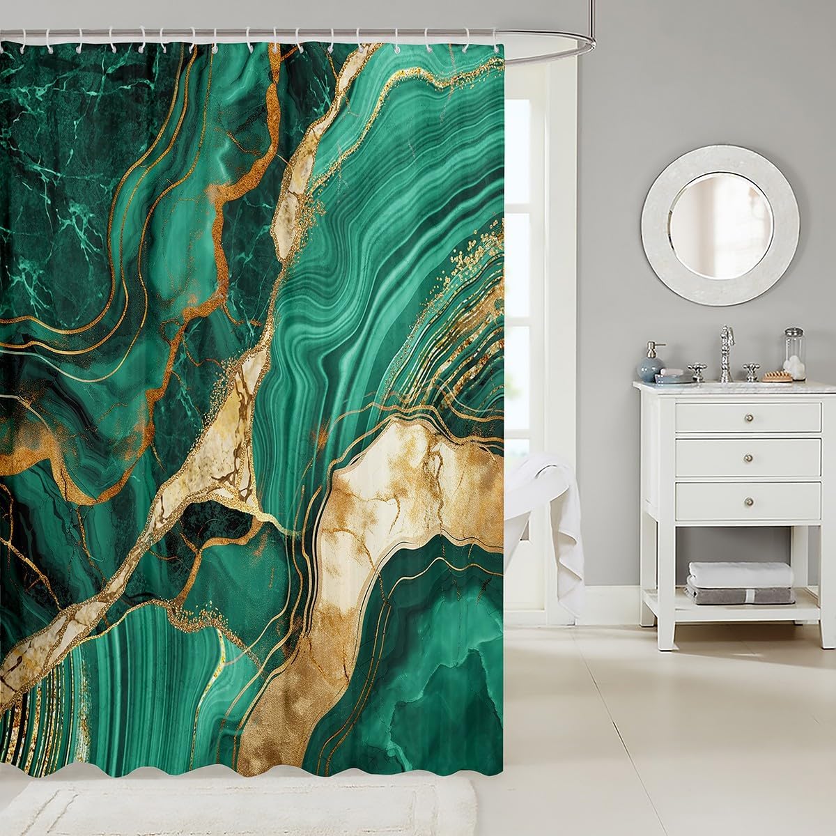 Erosebridal Gold Teal Marble Shower Curtain 72" Wx84 L, Marbling Crack Bathroom Shower Curtain Sets, Abstract Metallic Texture Fabric Shower Curtain, Luxury Shinny Boho Hippie Fluid Bath Curtain