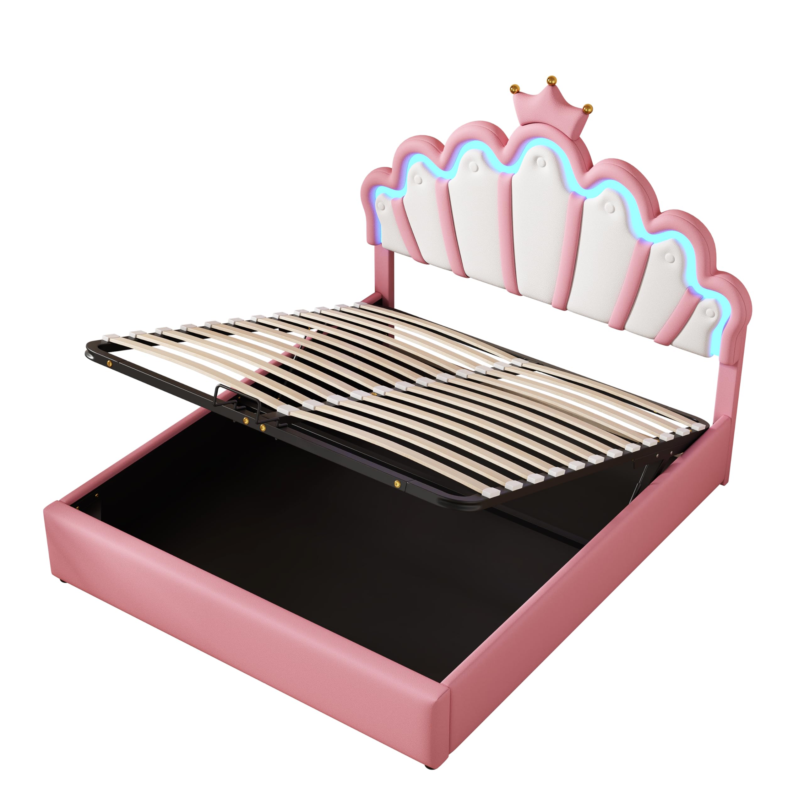 Idemon Cama plana de 140 x 200 cm, cama tapizada, cama de princesa, iluminación ambiental ajustable, tira de corona (rosa)