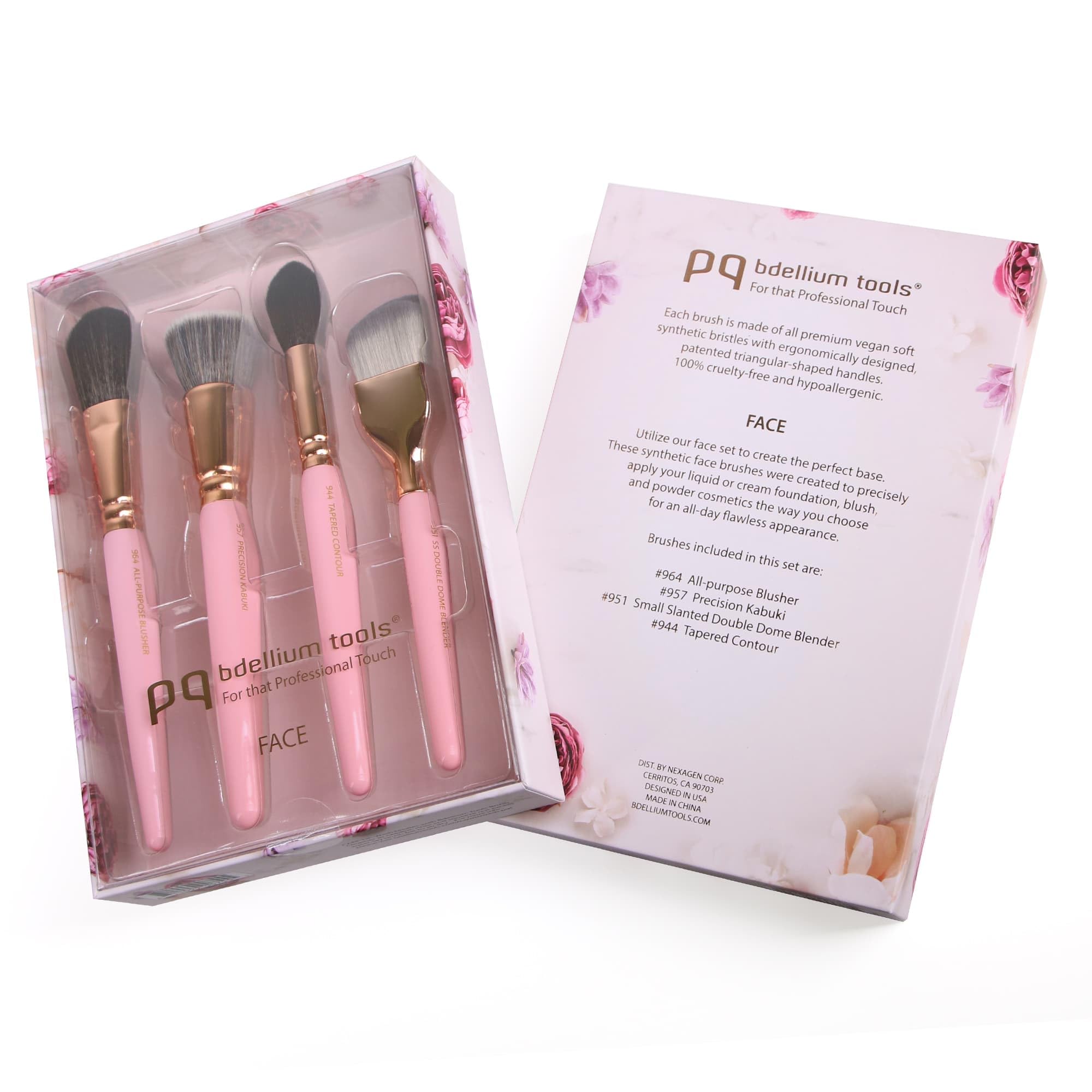 Bdellium Tools Set di pennelli per trucco viso triangolari rosa e oro, con morbide setole sintetiche e ghiera in ottone oro rosa per un aspetto impeccabile (rosa, 4 pezzi)