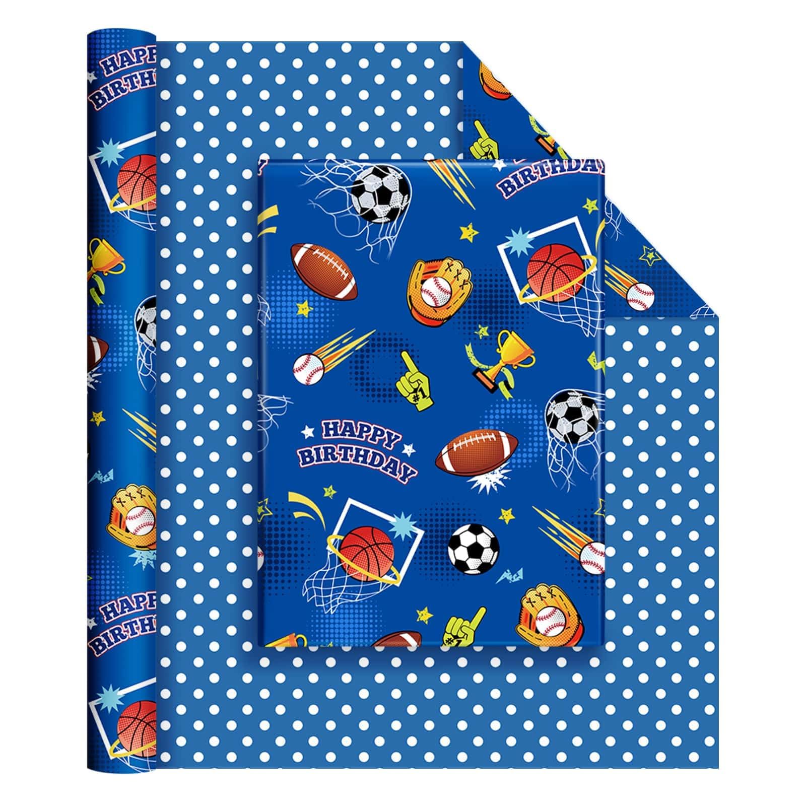 WERNNSAI Sport Ball Wrapping Paper Roll - 1 Roll Reversible Happy Birthday Wrapping Paper Blue Sports Gift Wrap with football Basketball Design for Kids Boys Birthday Party 43cm x 10m