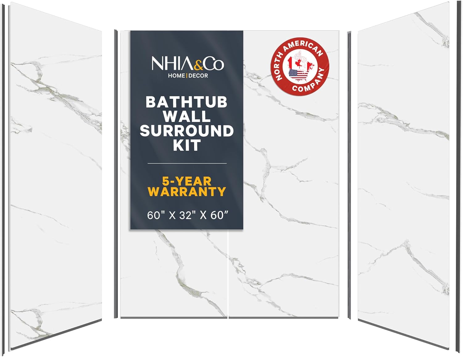 Bath Tub Surround Kits – Waterproof Wall Panels for Tubs – Glossy Finish & Seamless Pattern – Easy to Install Over Any Surface – Leakproof Design (W60'' x D32'' x H60'') – Glacier White Marble