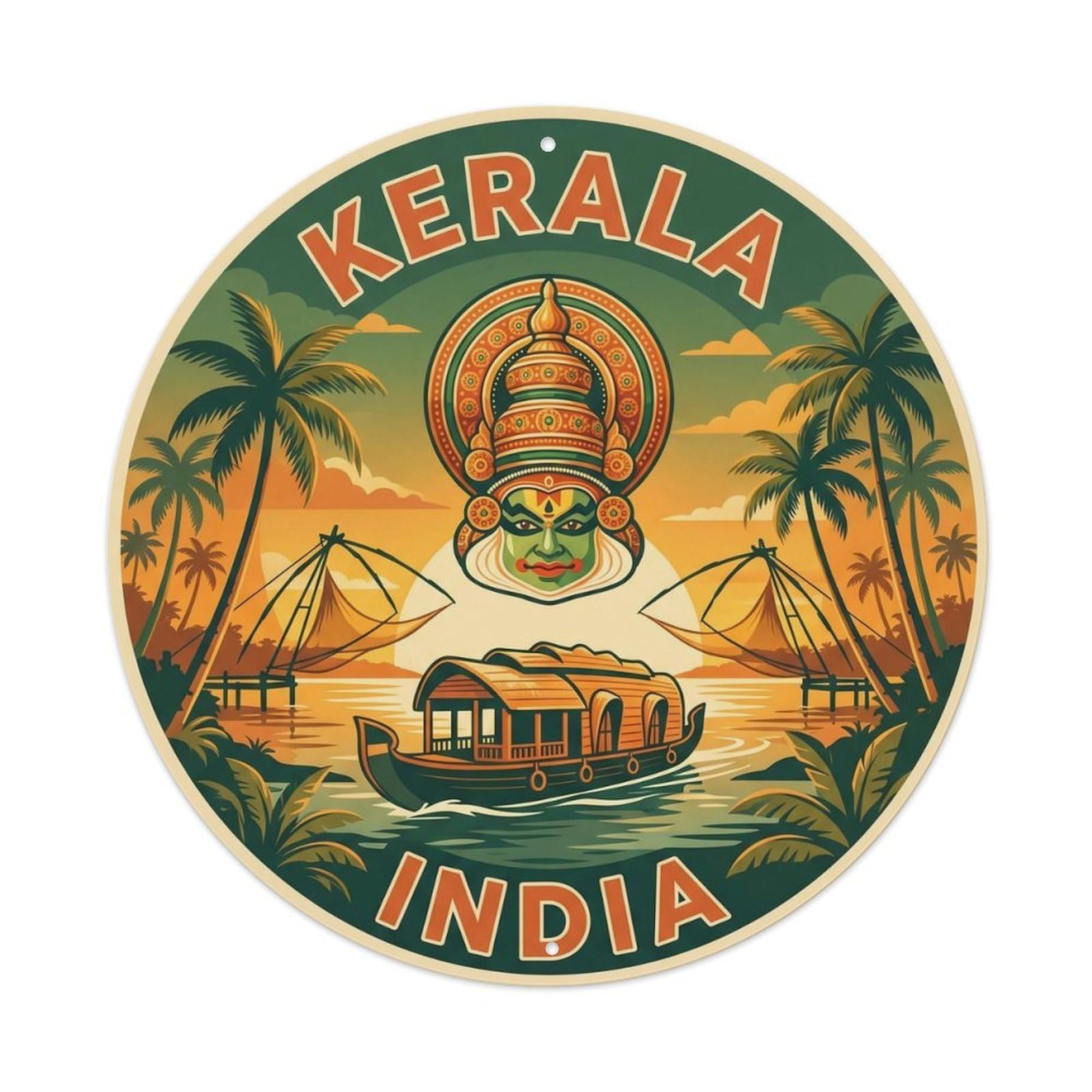 Vintage Travel India Kerala Backwaters Vintage Metal Tin Sign Plaque Wall Decor for Cafe, Club Bar, Office, Garden Metal Poster 8x8Inch