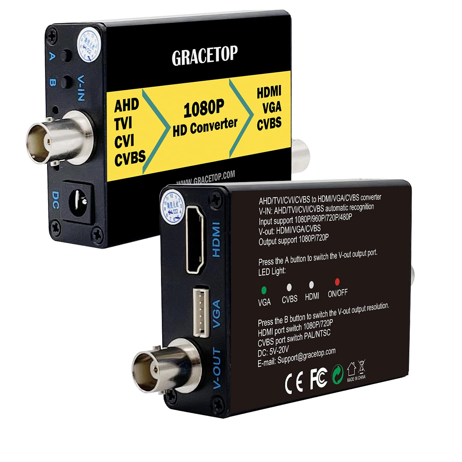 Convertitore AHD a HDMI, convertitore RCA a HDMI 4 in 1 composito CVBS TVI CVI AHD a HDMI VGA CVBS BNC Converter supporto 720P/1080P/3MP/4MP per monitor HDTV DVR
