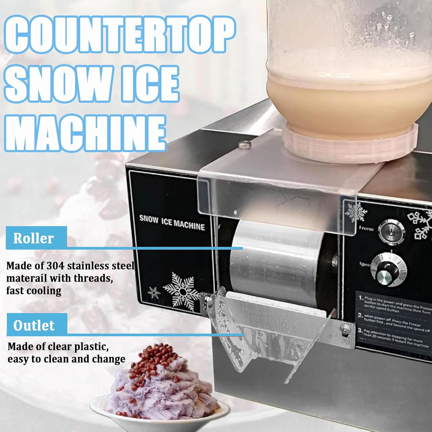 Commercial Automatic Electric Ice Crush Machine, Snow Cone Shaver, Snowflake Ice Machine, Air Cooling for Home, Food Truck, Restaurant, Milktea Shops,etc,1200w