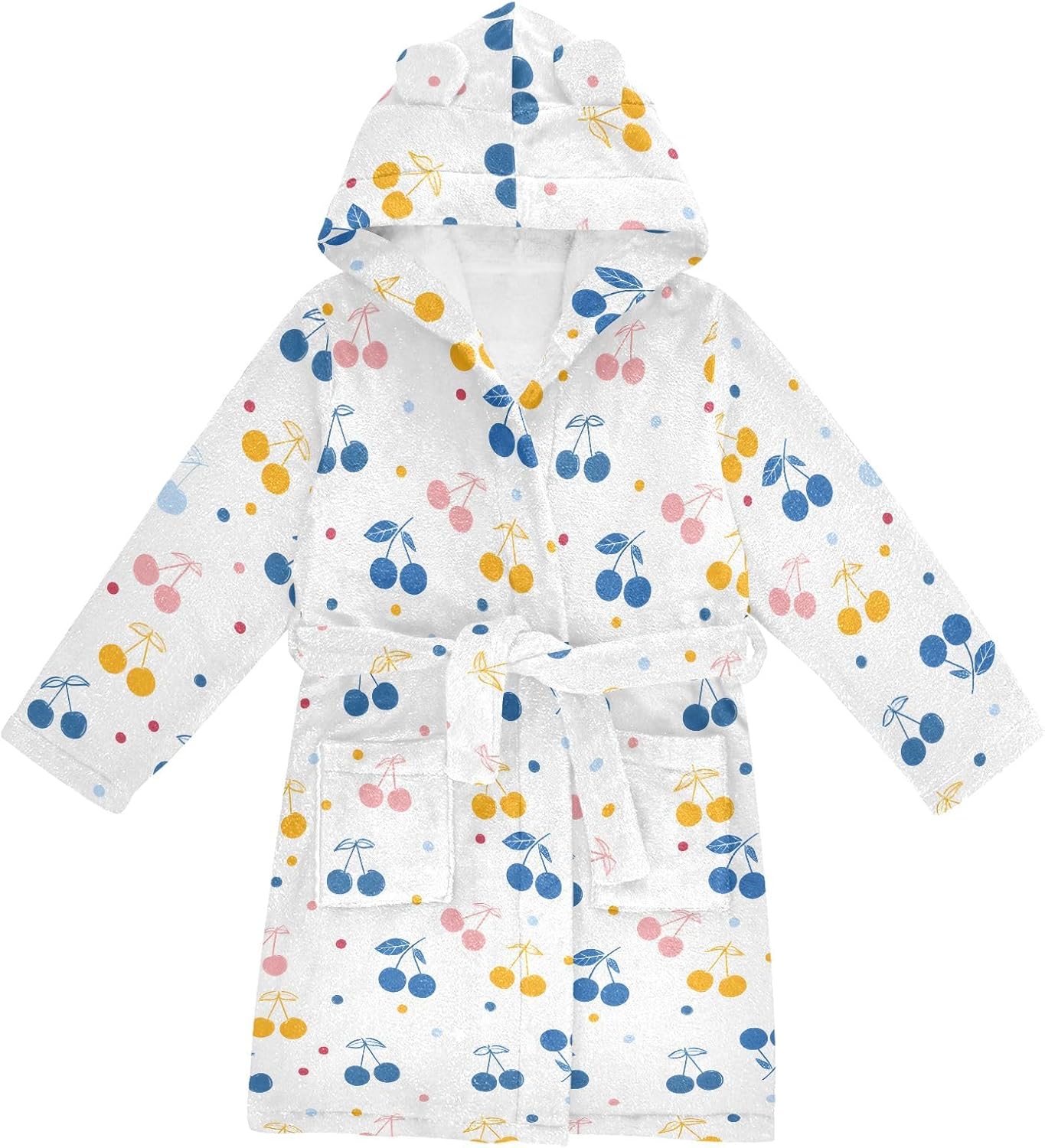Colorful Cherry Pattern Toddler Hooded Bathrobe for Boys Girls Soft Plush Bath Towel Robe 2-12 Years