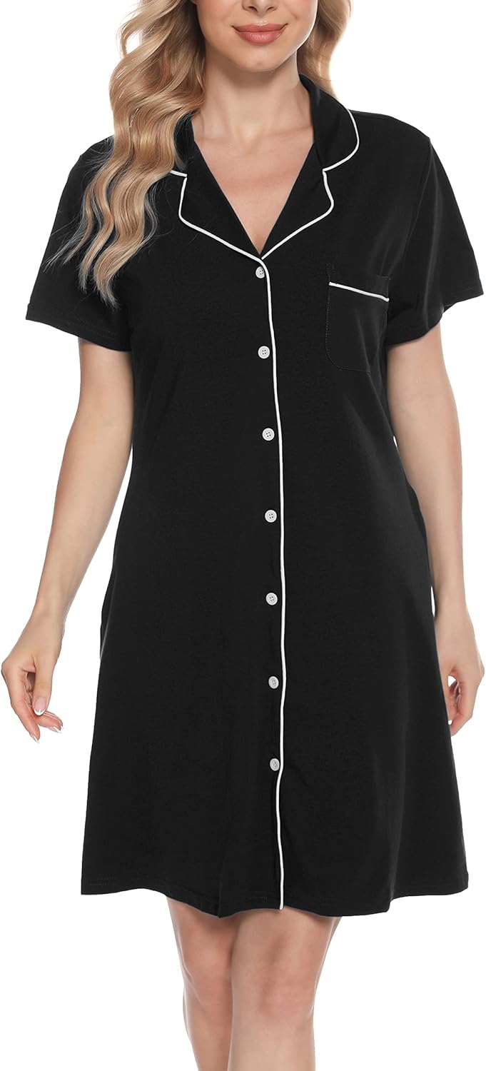 Vlazom Women's Nightgowns Short Sleeve Sleep Shirts Nightshirt V Neck Button Down Pajama Sleepwear S-XXL - Image 7