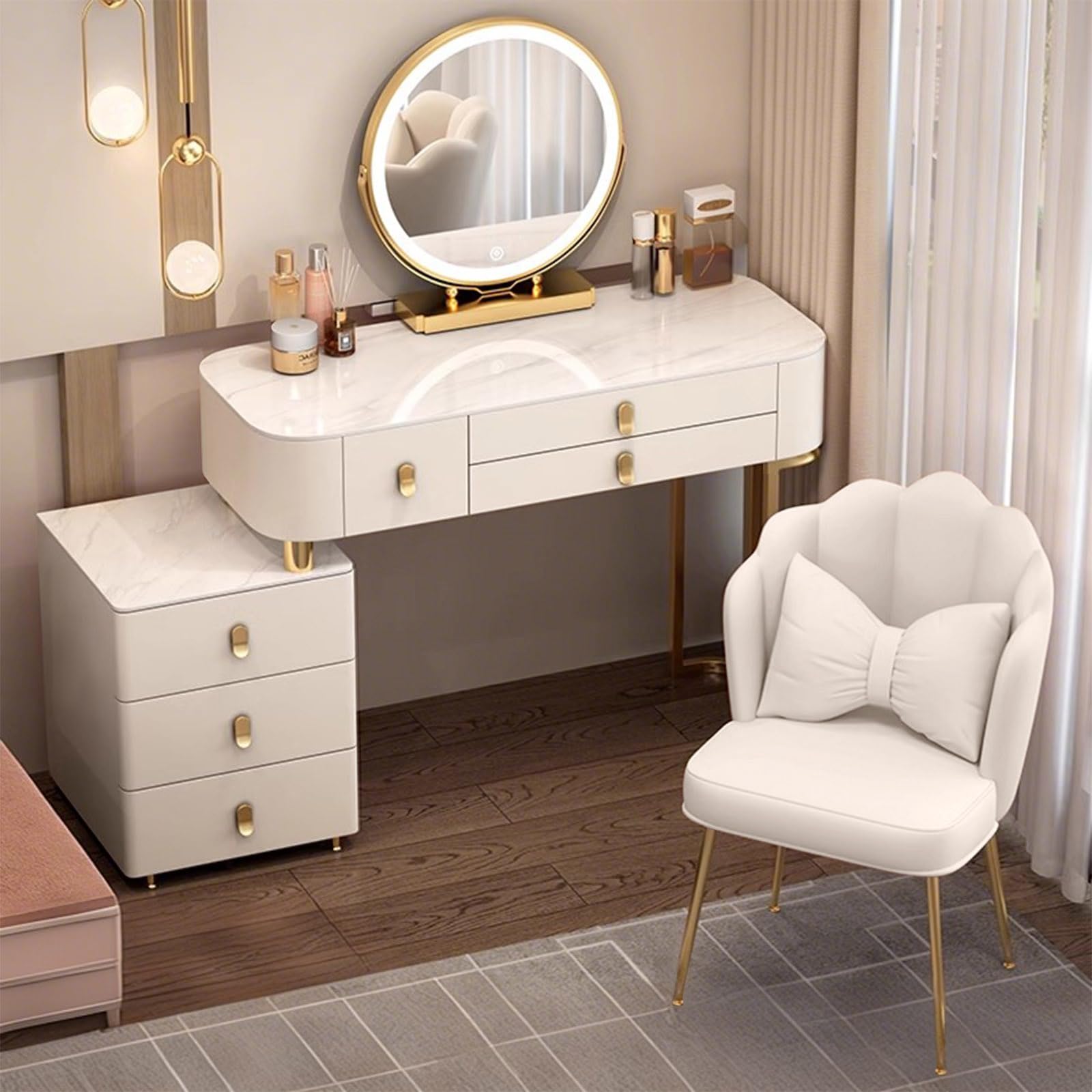 Tocador con Silla De Pétalos, Conjunto De Tocador con 6 Cajones, Espejo De Maquillaje con Pantalla Táctil Y Luces Regulables De 3 Colores, Tocadores De Dormitorio para Niñas Y Mujeres