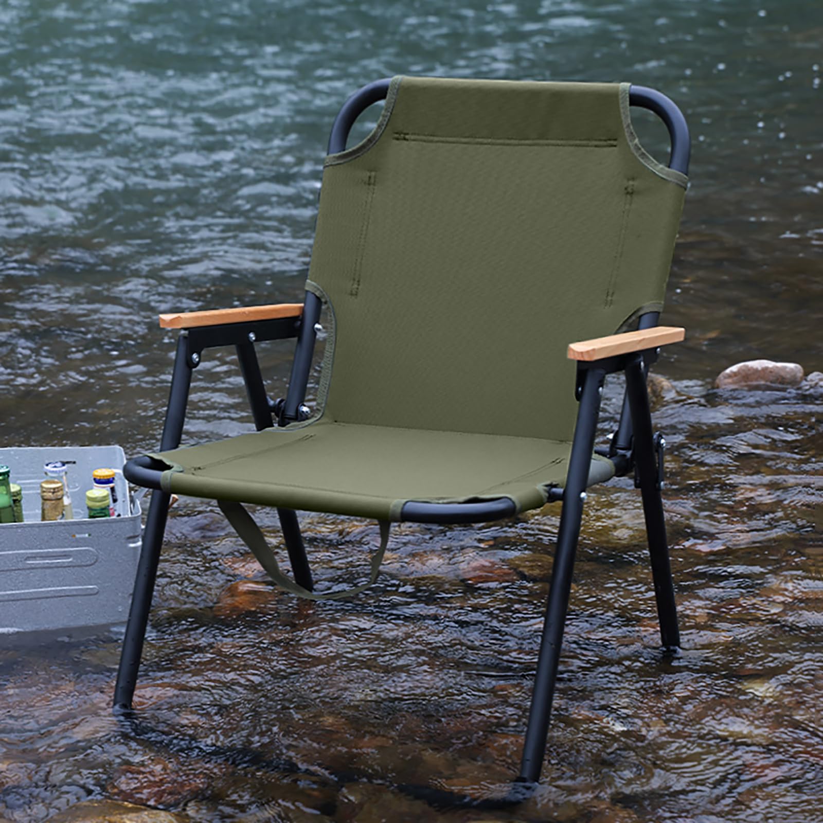 Chaise Camping Pliante, Fauteuil Pliant Camping avec Accoudoirs en Bois, Chaise de Peche pour Balcon, Pêche, Pique-Nique et Randonnée (Vert)