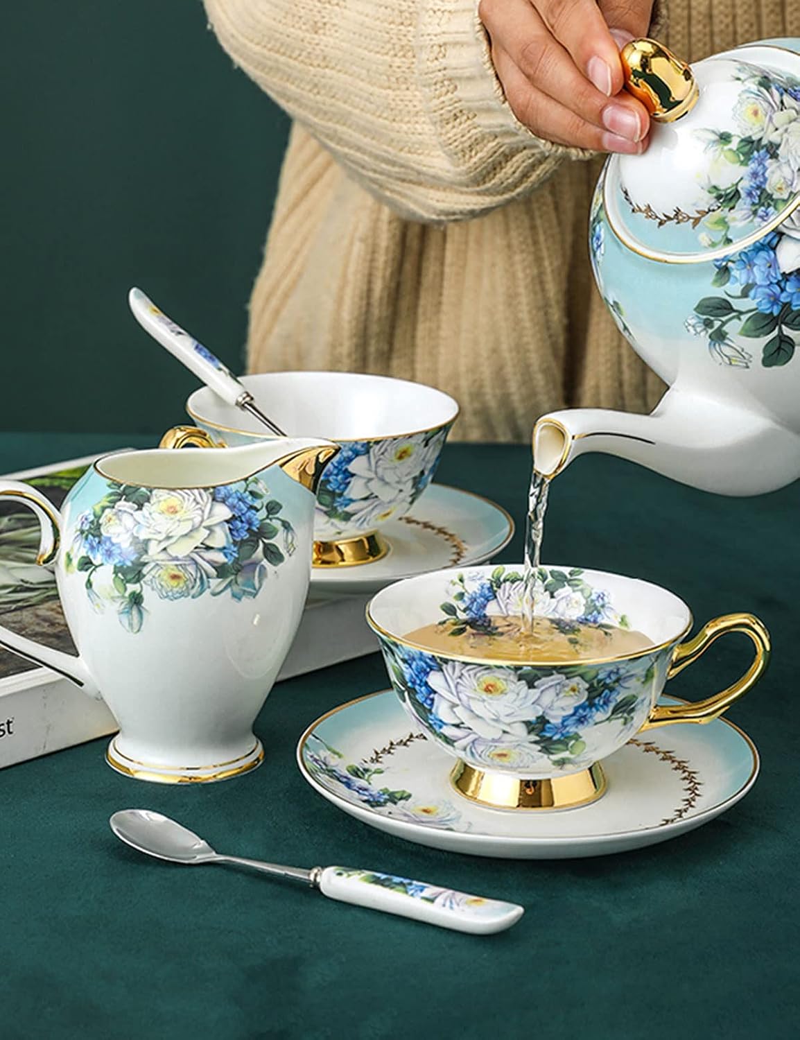 Tea Cups Saucers Sets With Spoons,Champagne Rose On Blue Patterned Bone China 3 Pieces Ceramic Tea Coffee Cup Teacups Porcelain Floral Ceremic Mugs