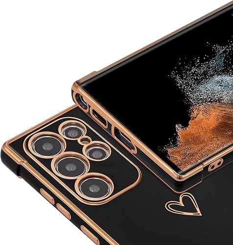 Miniatura 3 de DEFBSC Funda compatible con Samsung Galaxy S22 Ultra con corazón dorado, borde chapado de lujo, protección completa de la cámara, para mujeres y