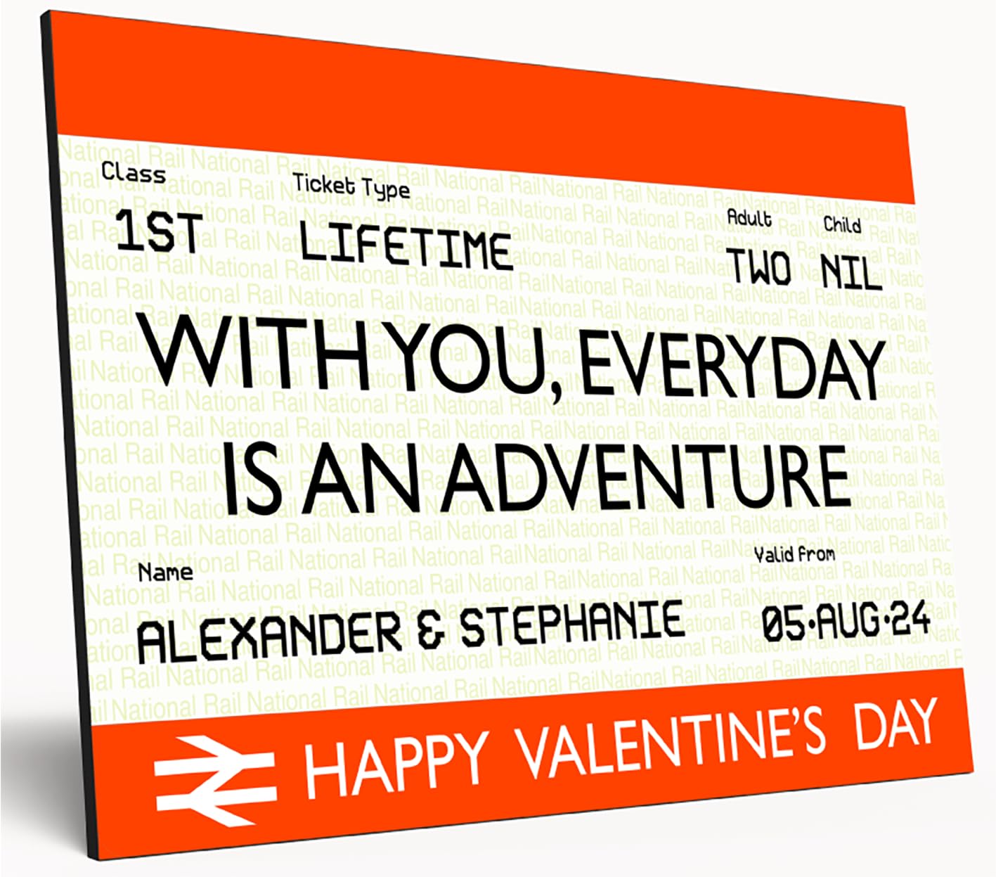 Personalised UK Train Ticket Wooden Wall Art Custom Names Dates Text for Weddings Anniversaries Valentine's Day (Romantic)