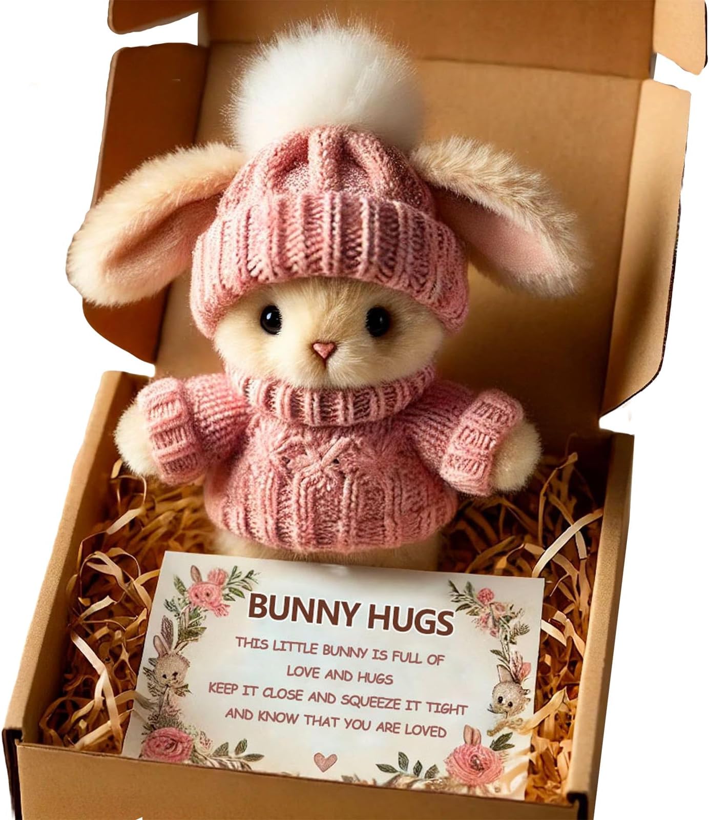 Easter Mini Cute Bunny Hug, Handmade Plush Pocket Hug Rabbit doll, Cute Emotional Support Positive crochet Bunny,Unique Gift For Kids Family Friend Loved Ones - Includes Box & Card (pink)