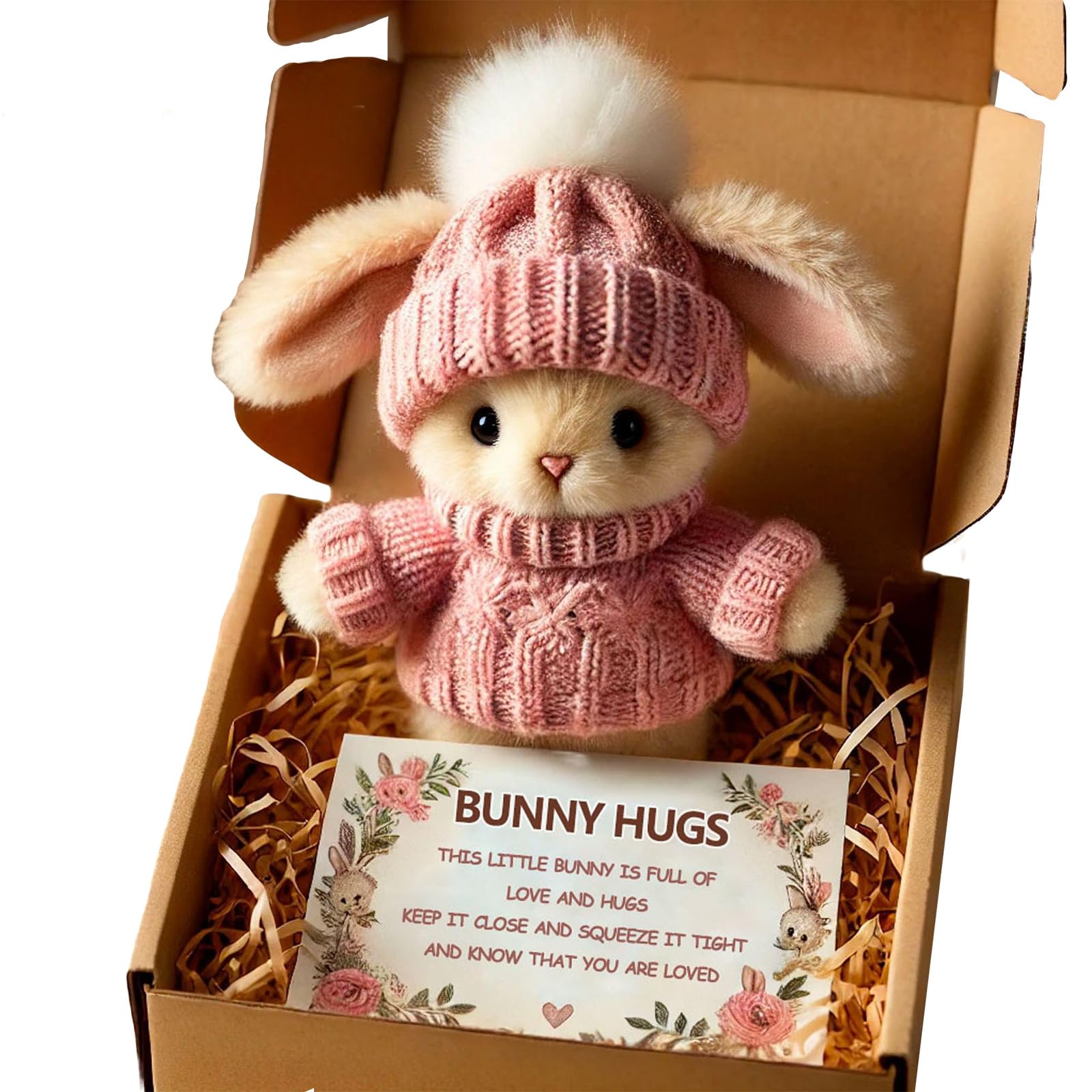 Easter Mini Cute Bunny Hug, Handmade Plush Pocket Hug Rabbit doll, Cute Emotional Support Positive crochet Bunny,Unique Gift For Kids Family Friend Loved Ones - Includes Box & Card (pink)