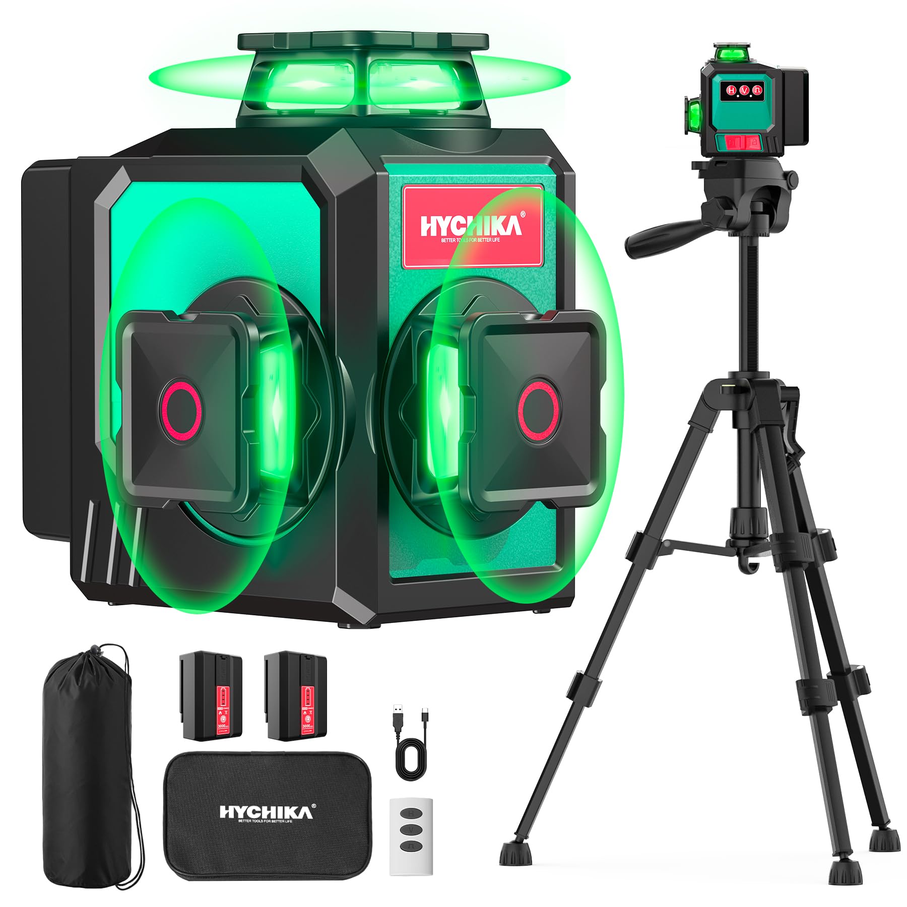 HYCHIKA Nivel Laser Autonivelante 360 Grados, Nivel Láser con Trípode 12 Líneas, 1 x 360° Horizontal y 2 x 360° Verticales, 2 x 3000 mAh Batería, Control Remoto, Bolsa de tela, IP54