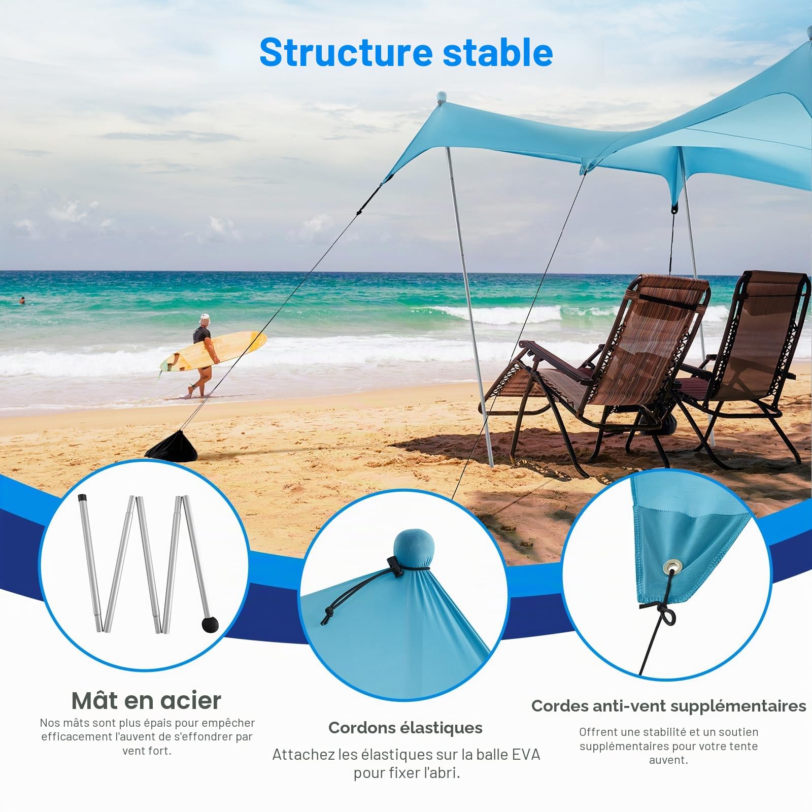 WolfWise Protection Solaire UPF50+ avec Pelle à Sable, Tente de Plage Familiale de 3 x 3 m, pour 4-8 Personnes, Facile à Installer, Imperméable et Résistante au Vent, Bleue, X-Large