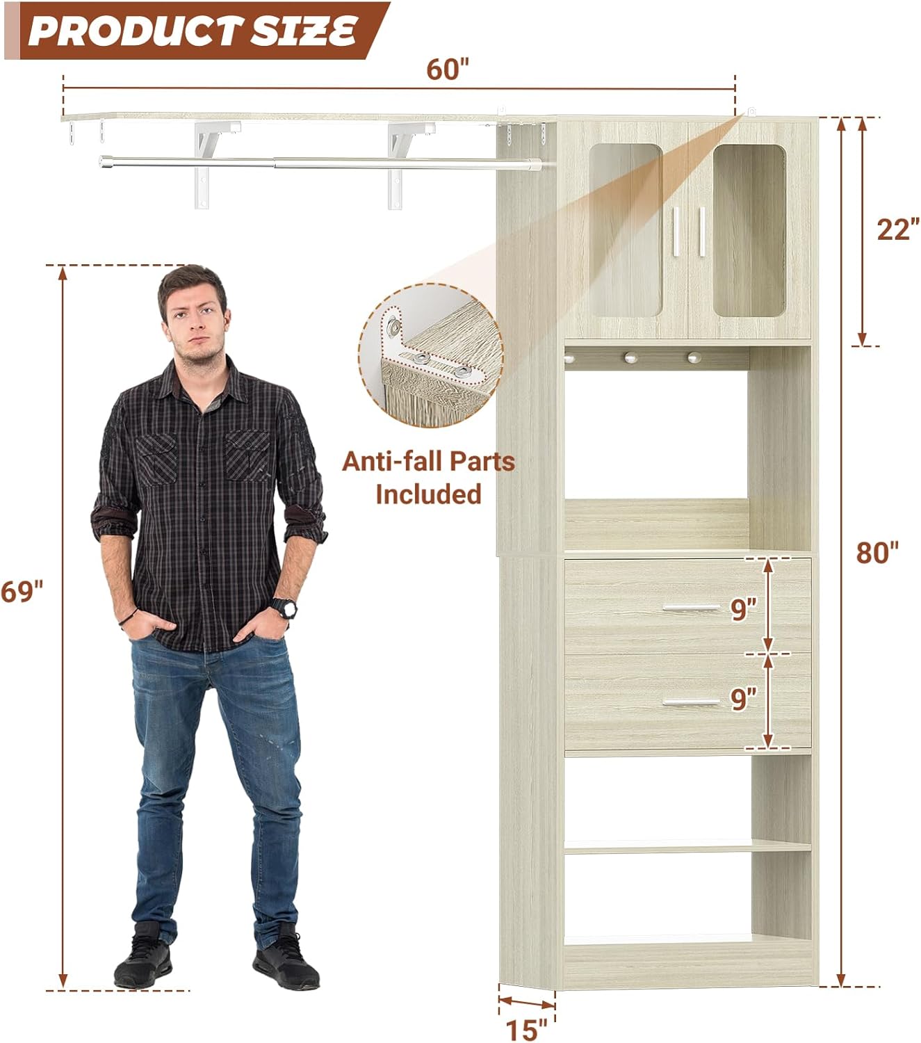 60" Wide x 80" Tall Closet System with Doors and Wooden Drawers, 5FT Adjustable Closet Organizer System for Walk-in Closet, Freestanding Wardrobe Organizers and Storage with Shelves & Hooks, White Oak
