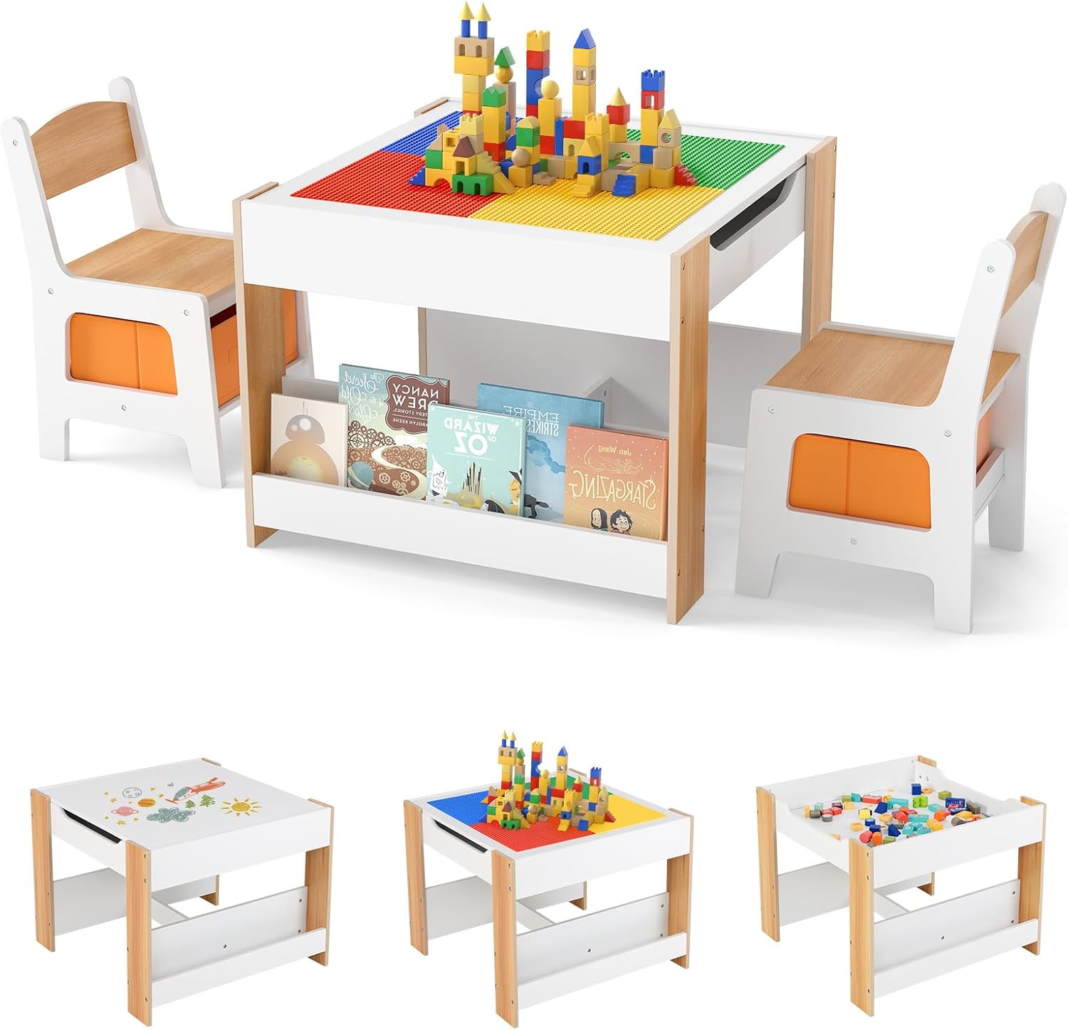 INFANS Kids Table and Chair Set, 4 in 1 Building Block Wooden Activity Desk with Reversible Tabletop Storage Drawers Bookshelves for Toddlers Art Craft Learning Reading Drawing Playroom (Natural)