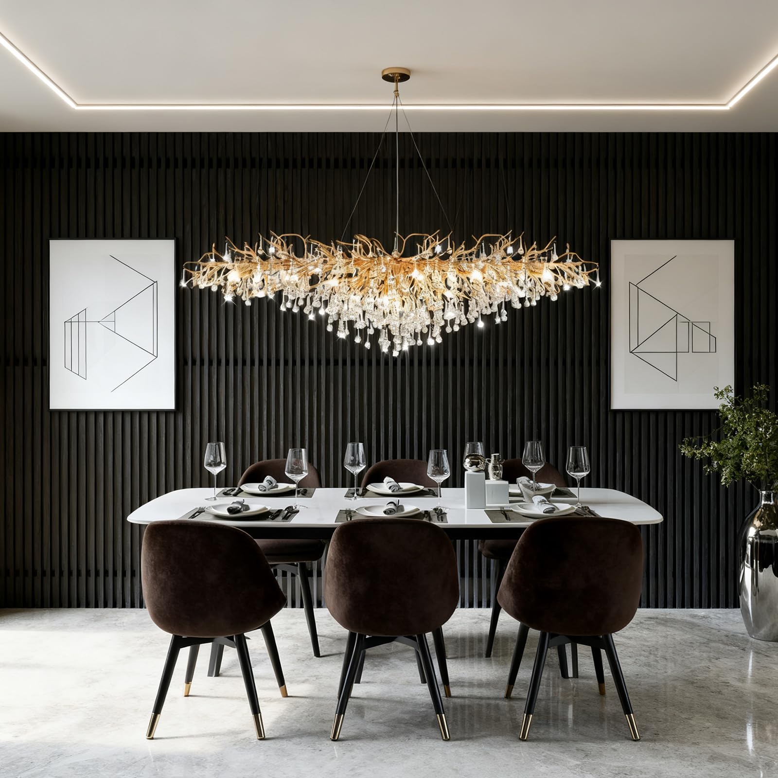 KXEcoLife Modern Crystal Chandeliers, Luxury Tree Branch Chandelier Hanging Light Fixtures, Raindrop Chandeliers for Dining Room,Living Room,Rectangular 120cm