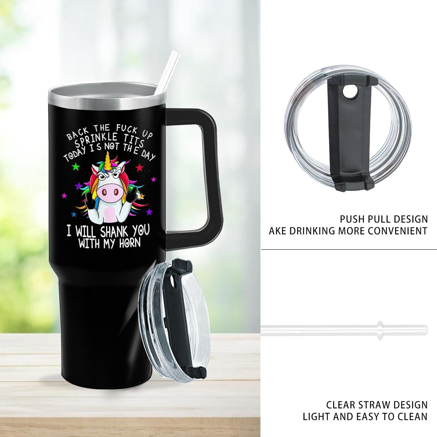 40 oz Tumbler with Handle Back the Fuck Up Sprinkle Tits, Funny Unicorn Tumbler with Lid and Straw Insulated Tumblers Stainless Steel Tumblers Funny Gift - Image 7