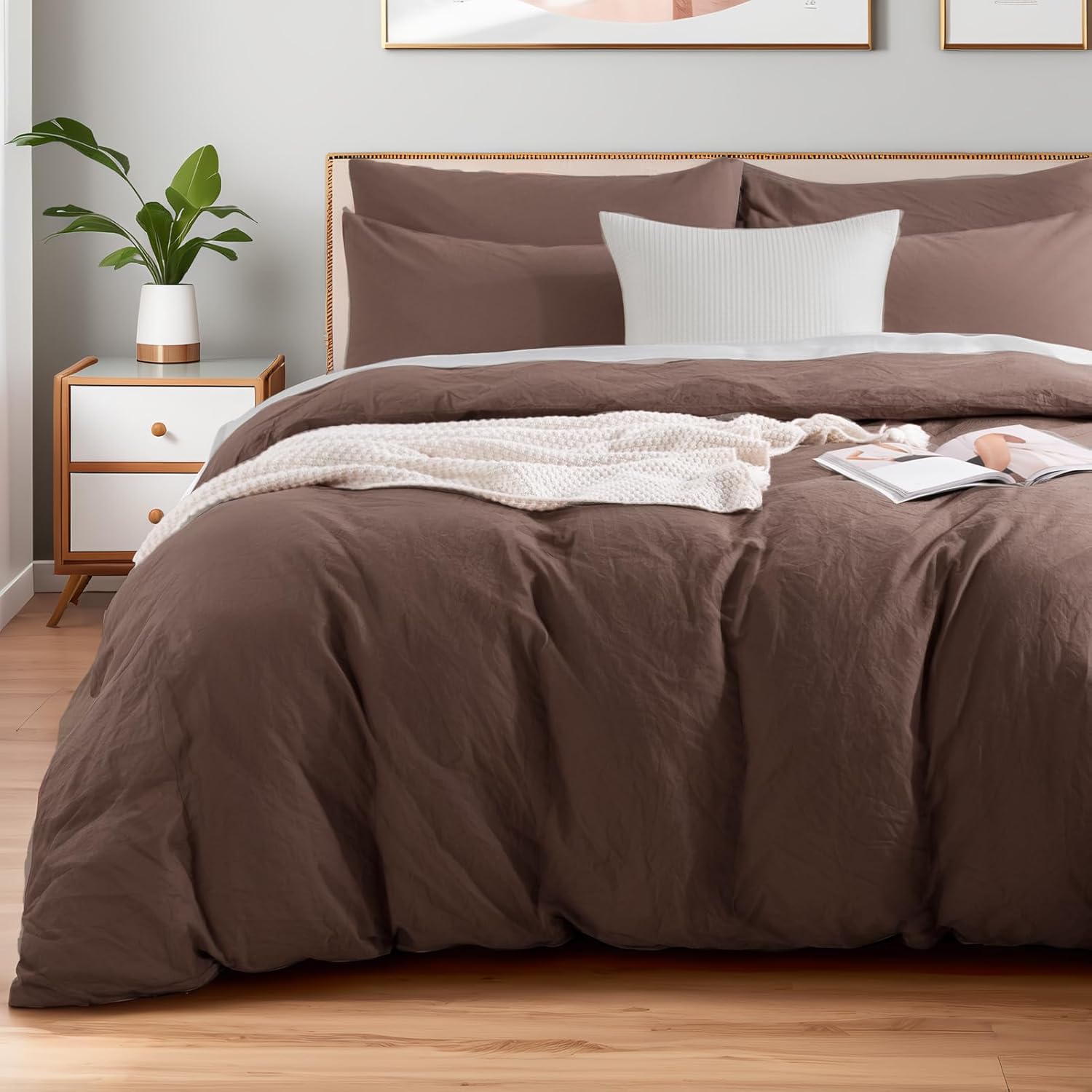 NEXHOME PRO King Duvet Cover Set, 100% Certified Organic Cotton with Washed Feel & Linen-Like Texture, Comfortable & Breathable, Home Bedding Set Dark Brown (No Comforter)