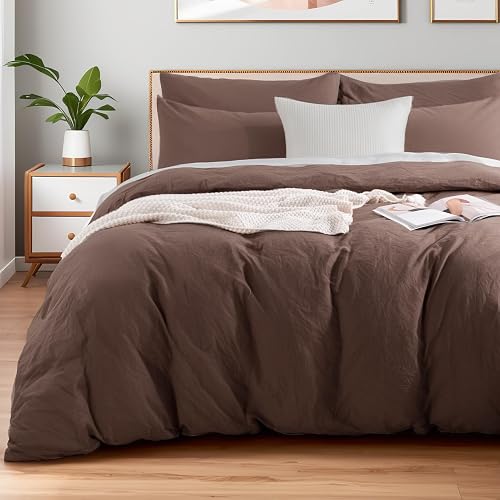 NEXHOME PRO Queen Duvet Cover Set, 100% Certified Organic Cotton with Washed Feel & Linen-Like Texture, Comfortable & Breathable, Home Bedding Set Dark Brown (No Comforter) - Dark Brown - Queen (90"x90")
