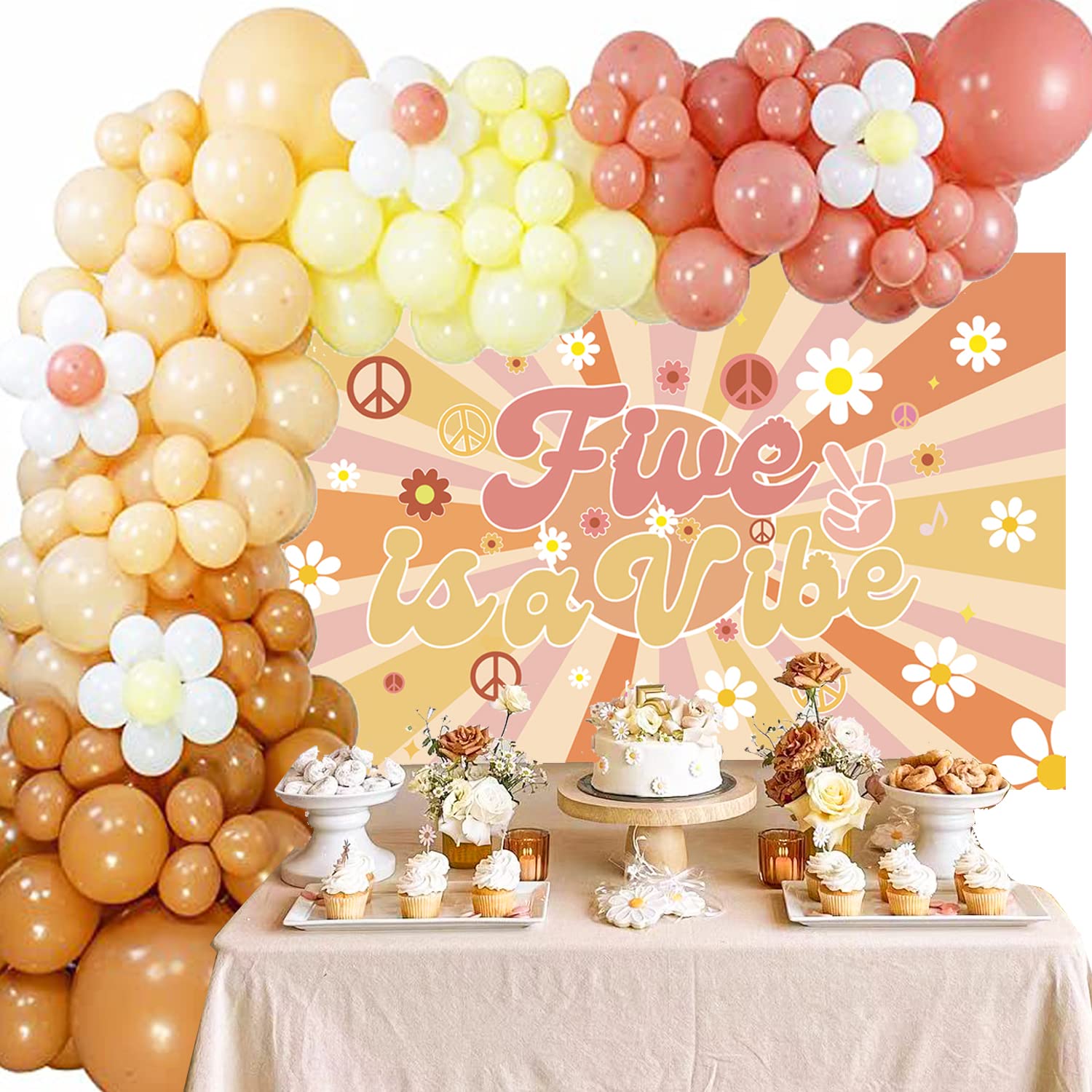 Groovy 5. Geburtstag Hintergrund-Banner – „Five Is A Vibe“ – Retro-Hippie, Boho, Gänseblümchen-Motiv – 1,5 X 0,9 M Polyester – Für Mädchen Geburtstagsparty, Boho-Deko