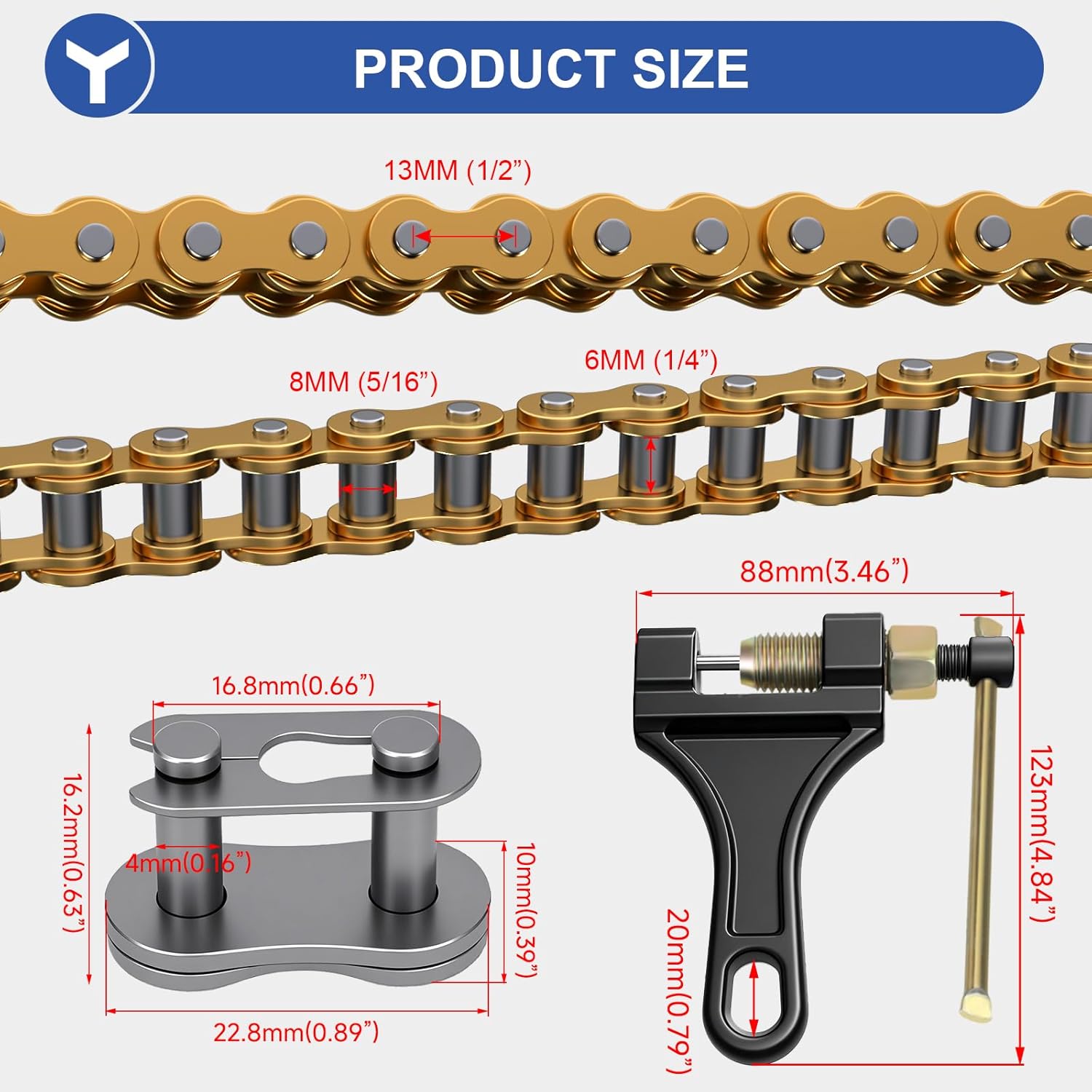 YOXUFA 420 Chain 132 Links Replacement for 110cc 125cc 70cc 50cc SSR TaoTao Apollo Coolster Kazuma Pit Dirt Bike ATV 4 Wheel Predator 212 Coleman CT200U Baja MB200 Mini Bike Go Kart Gold Parts - Image 4