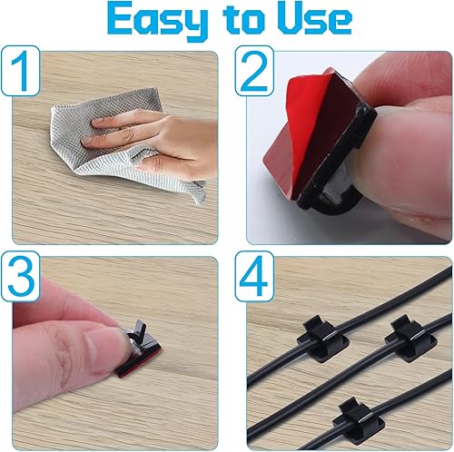 Miniatura 3 de 100 clips adhesivos para cables en la pared, organización de cables para TV, PC, laptop, cables Ethernet y escritorios (negro)