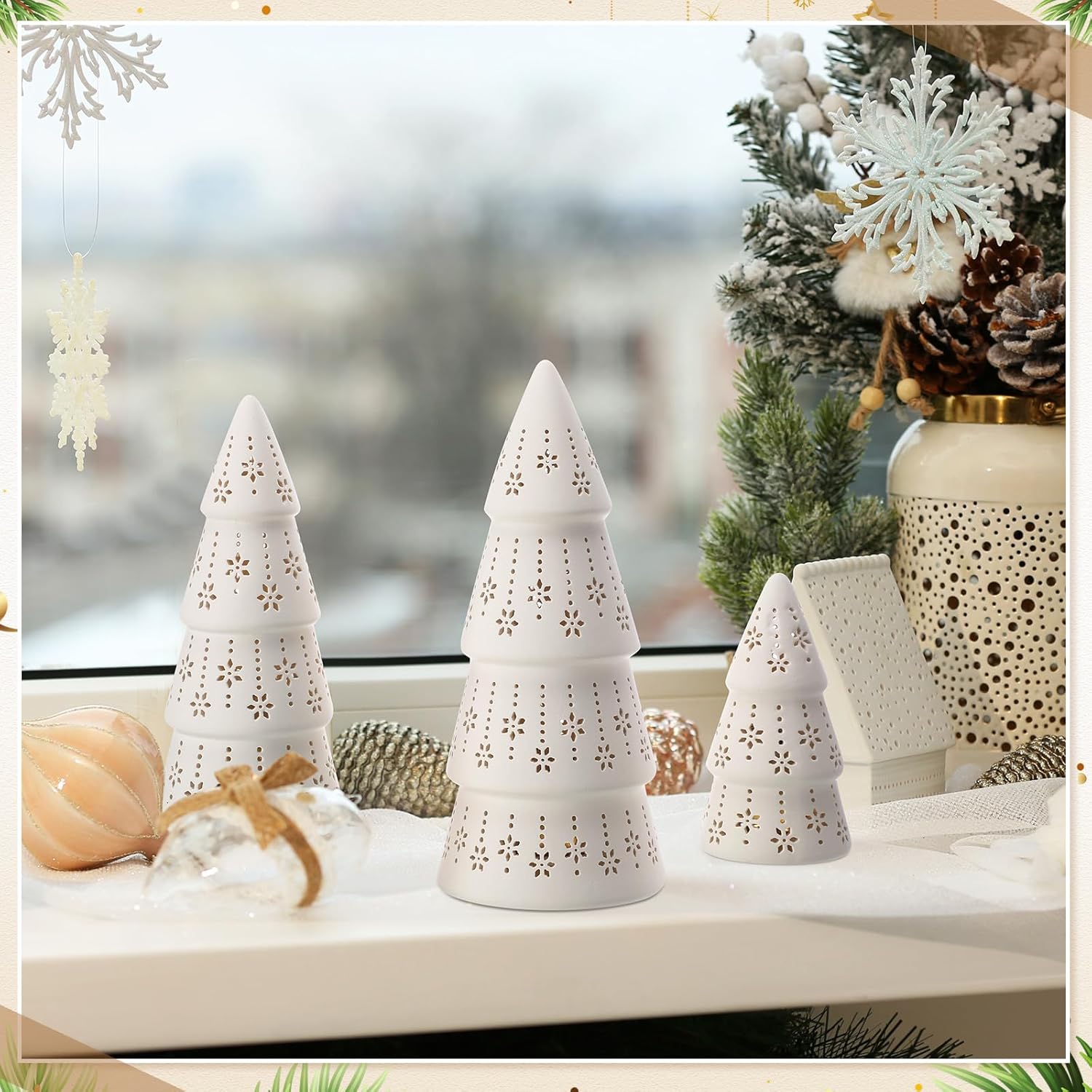 3 Pcs White Ceramic Christmas Trees with Lights, Table Top Christmas Decoration with Dots Cutouts Battery Operated Xmas Trees Set, White Tabletop Centerpiece for Home Indoor Xmas Gift Party(Classic)