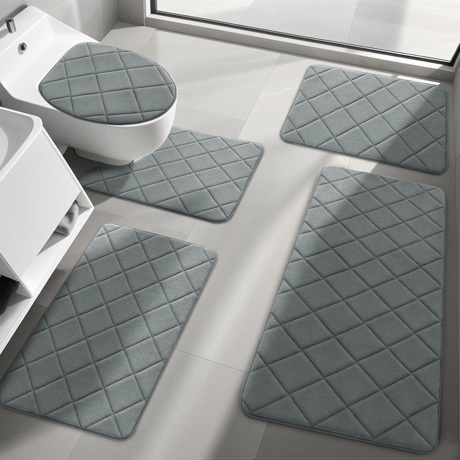 YIHOUSE Bathroom Rug Set 5 Piece, Soft Non Slip Memory Foam Bath Mat, Machine Wash Bathroom Mat Set, Water Absorbent Bath Mats for Toilet and Floor (Light Grey)