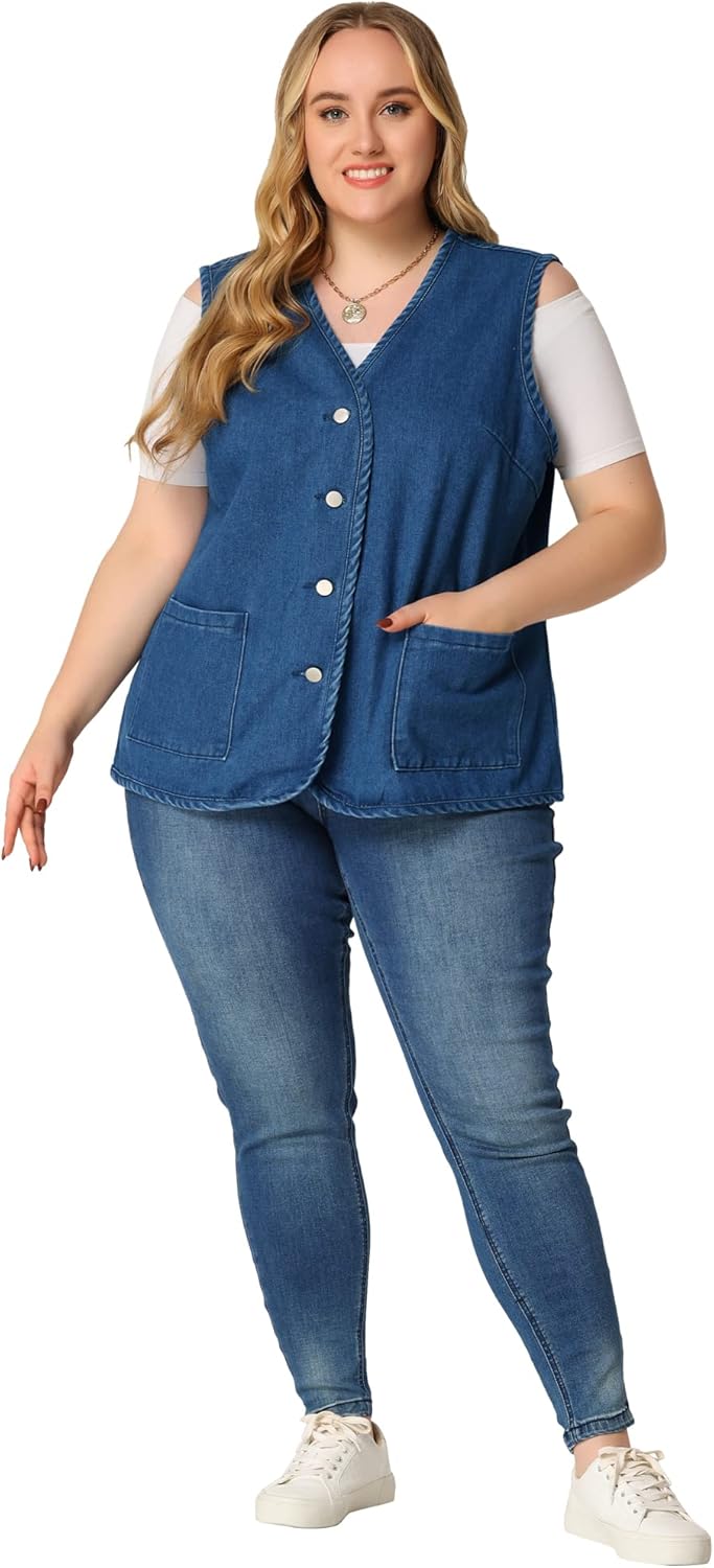 Agnes Orinda Plus Size Denim Vest Top for Women Button Down V Neck Waistcoat Sleeveless Jean Jacket Vests - Image 3