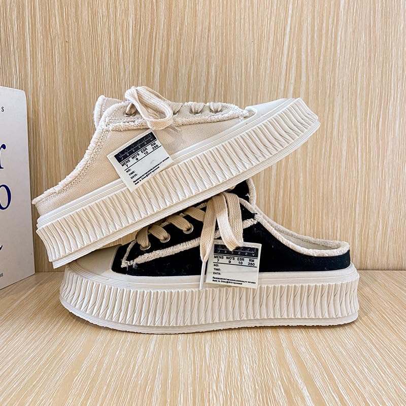 Mule Tennis Shoes for Women Canvas Slip on Sneakers Women Cute Breathable Slide on Lace Up Walking Shoes Backless Sports Pumps for Girls Daily Wear Back to School Summer Outdoors Beach Office Rave2