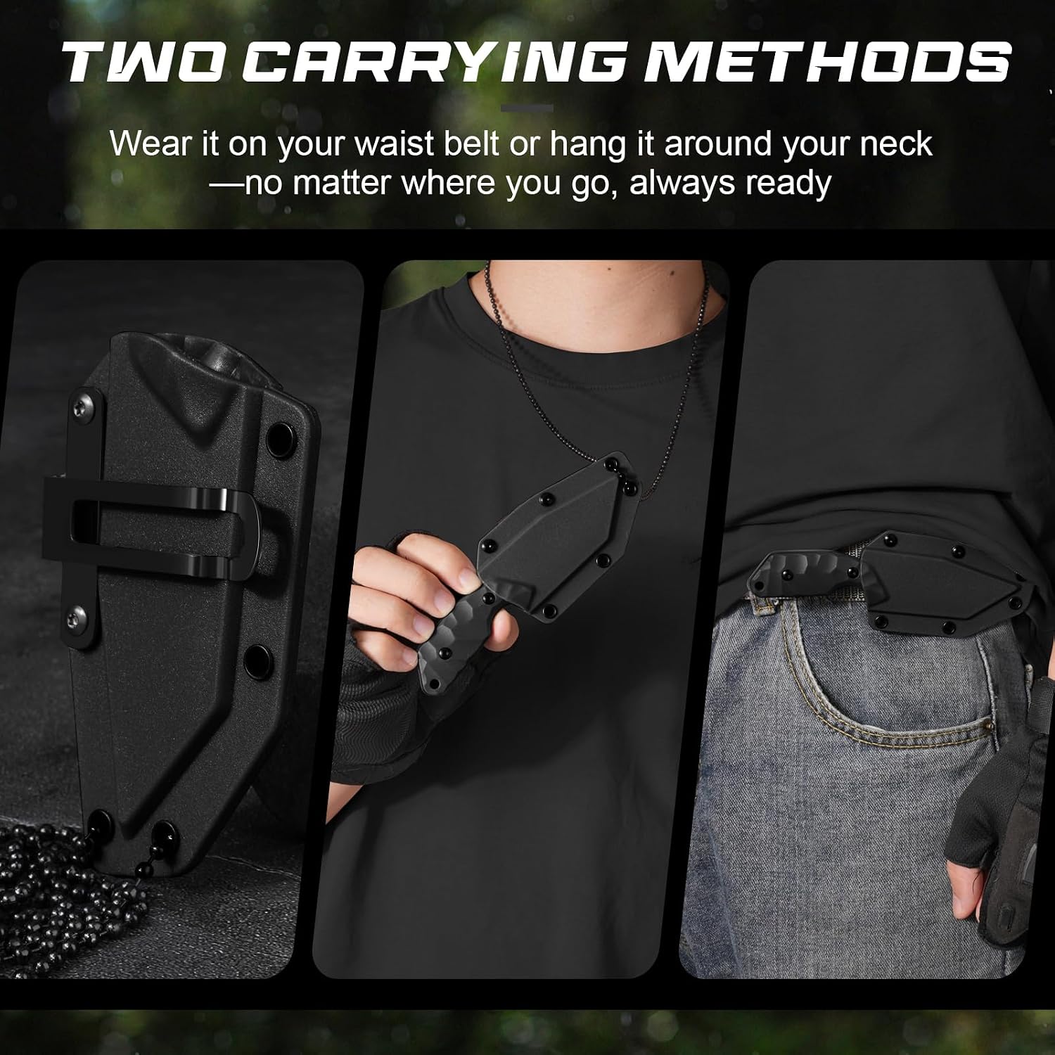 Neck Knife X-TAN-K, lame Tanto de 7,8 cm en acier 5Cr14MoV, petit couteau fixe EDC Outdoor avec fourreau ABS, chaîne à billes, entièrement noir — vue 5