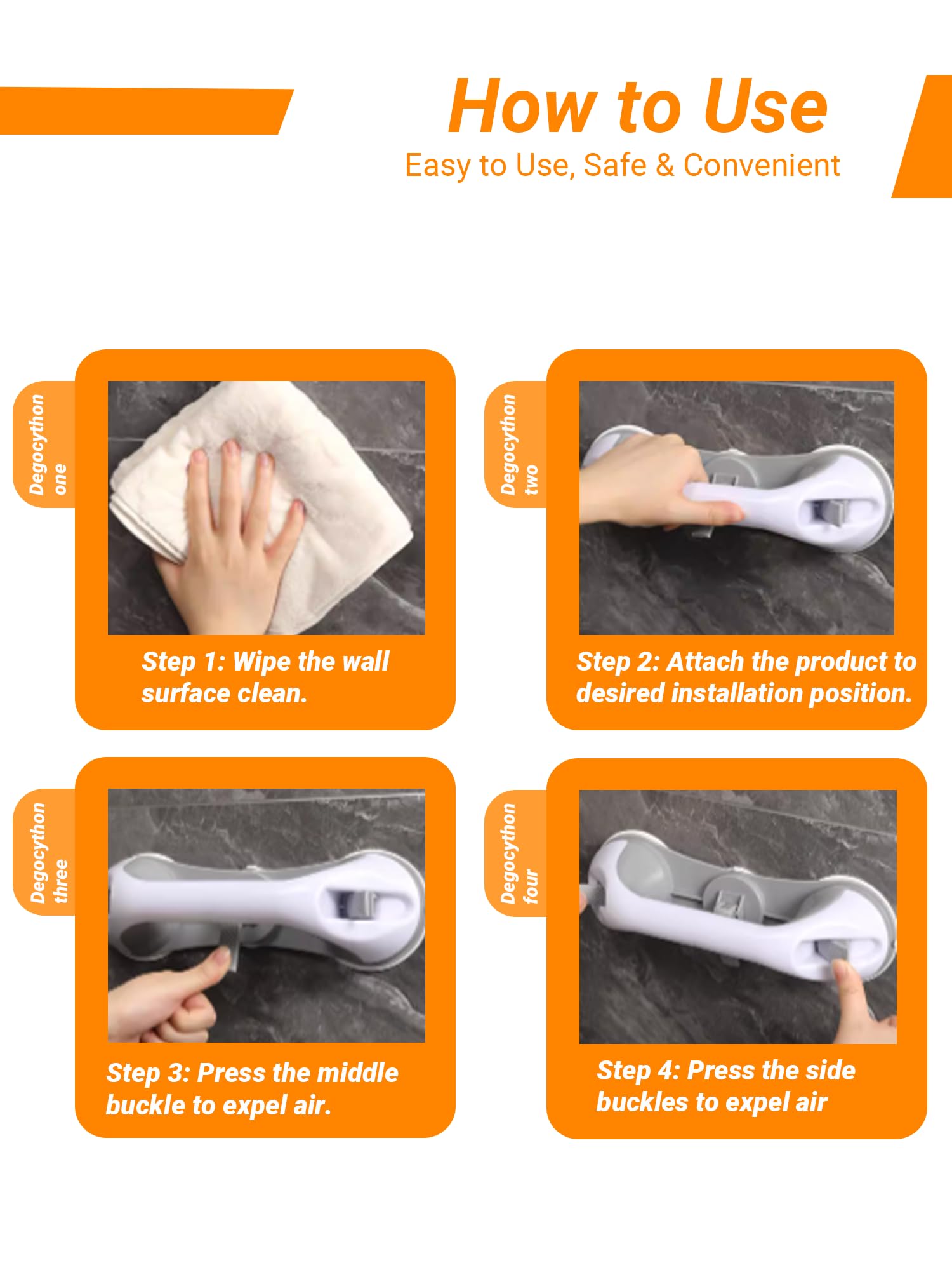 Lot de 2 barres d'appui à ventouse robustes, 3 ventouses, sans perçage, mains courantes de sécurité amovibles pour personnes âgées, handicapées, étanches pour salle de bain, douche, baignoire
