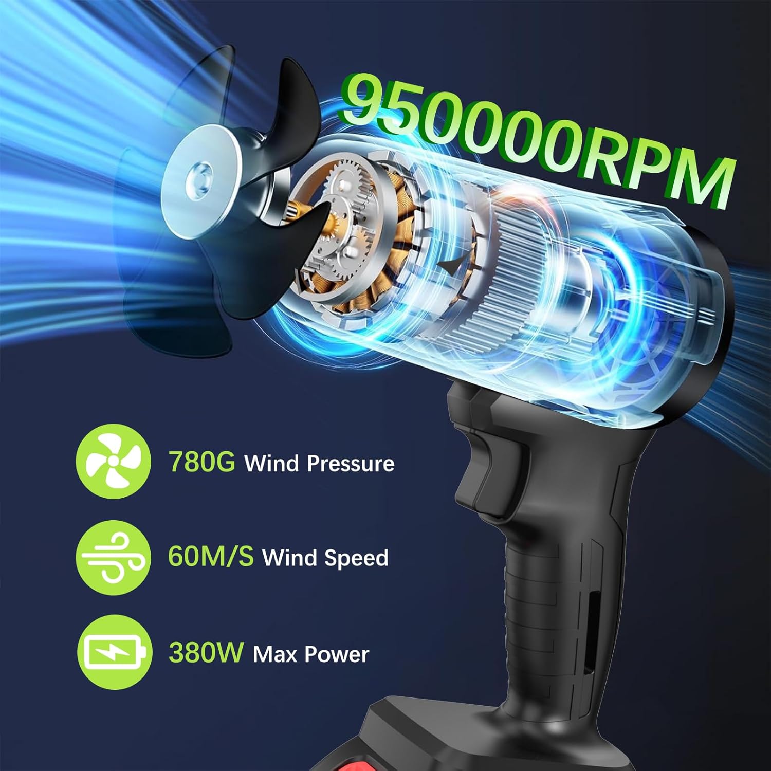 Leaf Blower with 21V*2 Pcs Batteries, 950000RPM Powerful Fan, High Variable Speed 200 MPH, Handheld Air Blower, Perfect for Car Drying, Patio Cleaning, Lawn Caring, Leaves Blowing (Black)