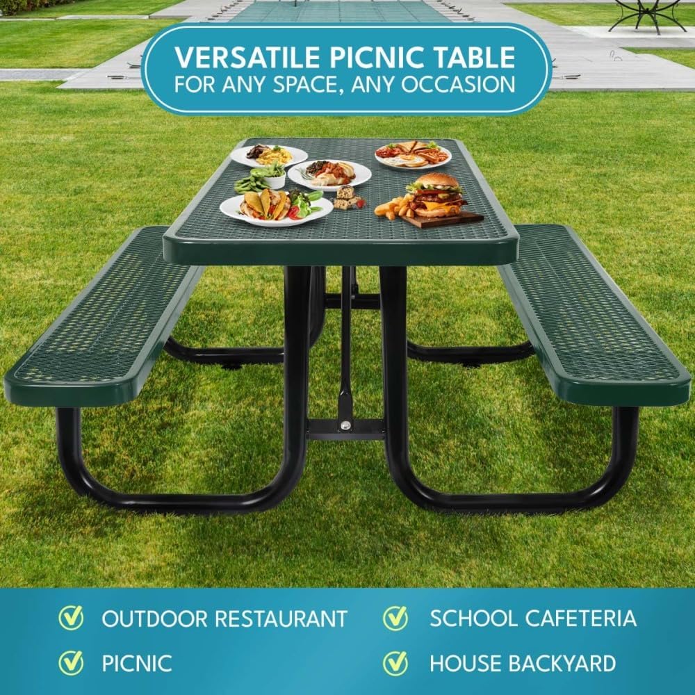 6 Foot Green Rectangular Outdoor Picnic Table with Steel Frame, Umbrella Hole, Durable and Weather-Resistant, Seating for Several