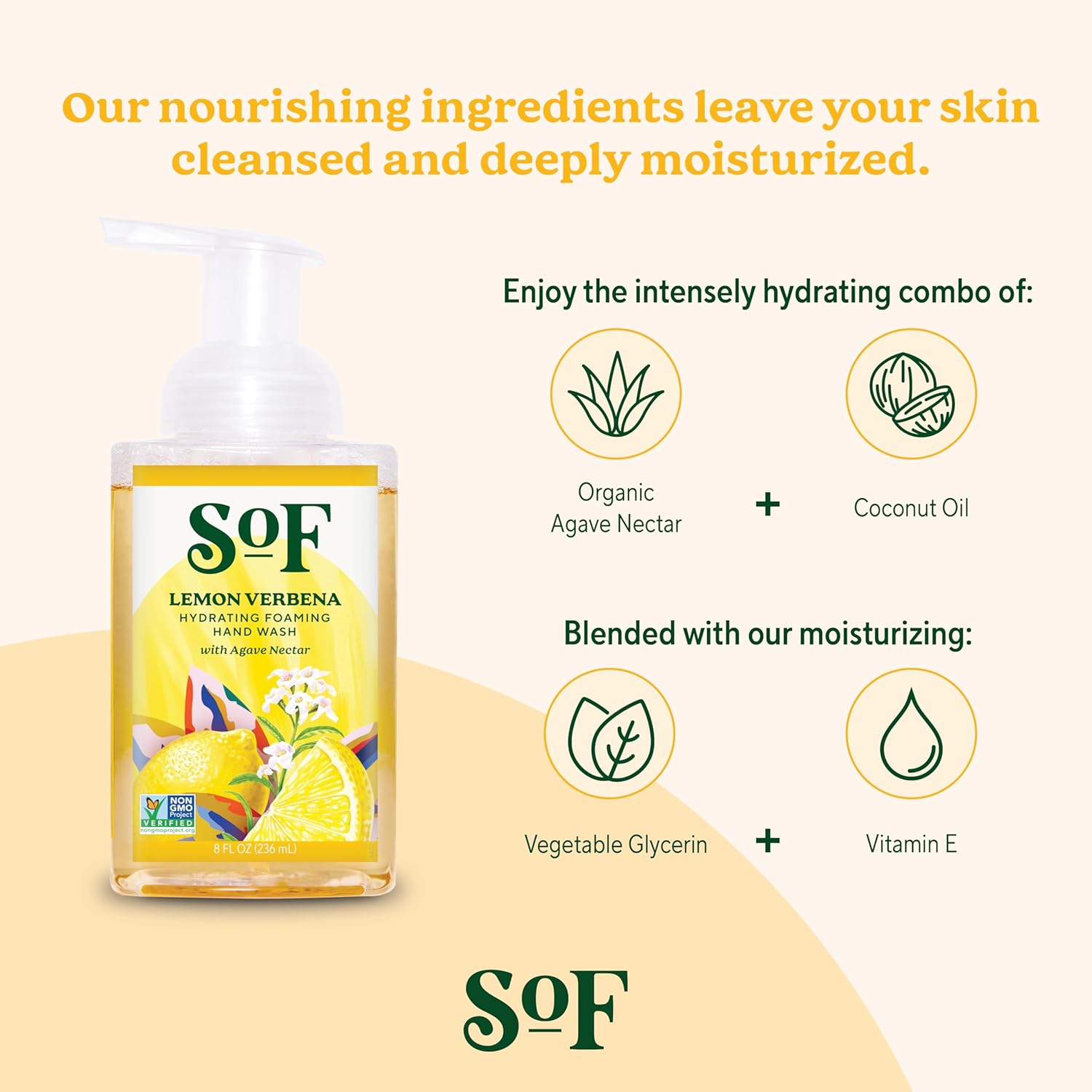 South Of France SoF Hydrating Foaming Hand Wash - With Organic Agave Nectar & Coconut Oil- Vegan & Non GMO- Free From Phthalates, Sulfates & Parabens- Lemon Verbena - 8 oz Bottle 6 Pack