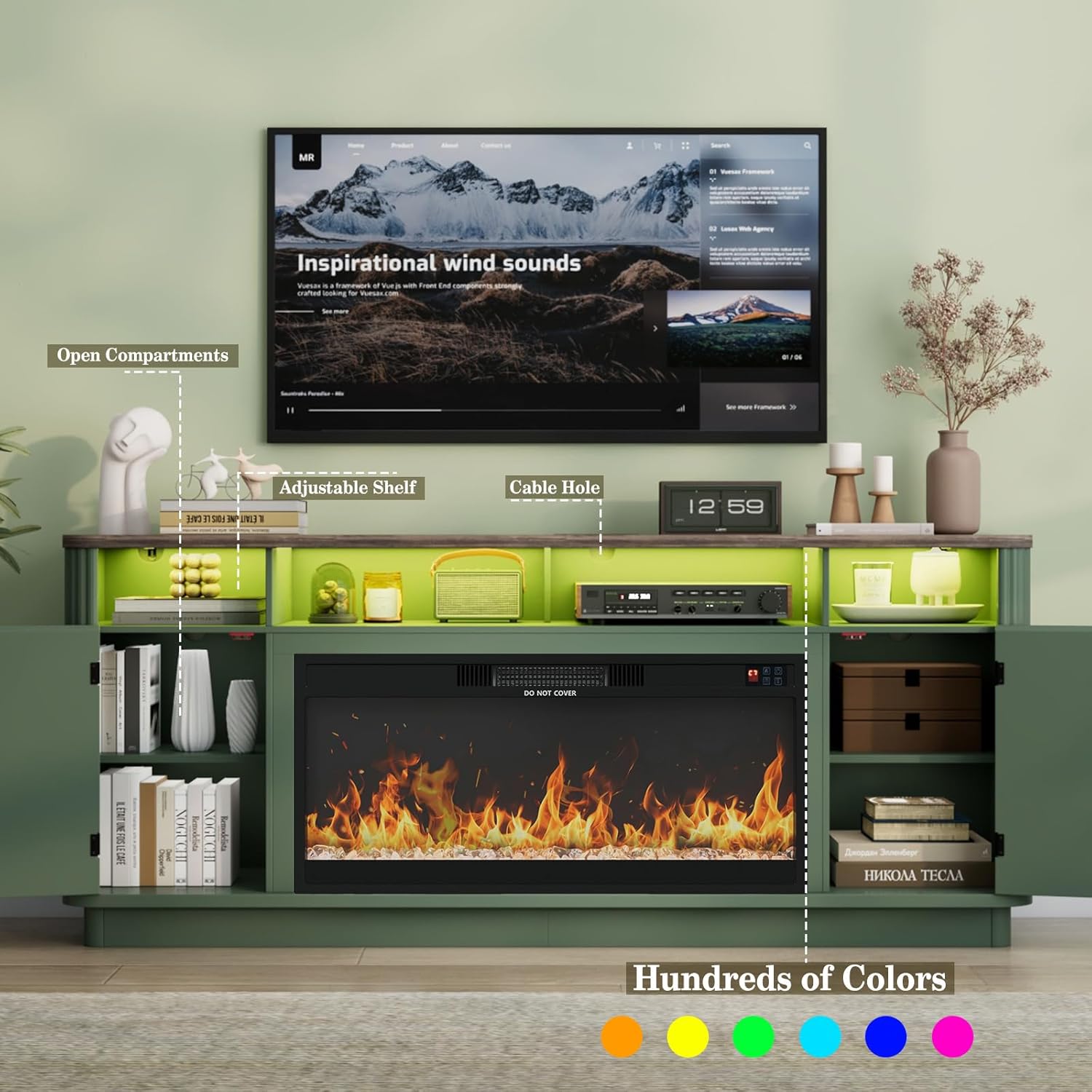 70" Fluted Fireplace TV Stand Modern Entertainment Center with 36" Electric Fireplace,Wood Media Console w/Power Outlets and LED Lights and Adjustable Shelves for Living Room,Green