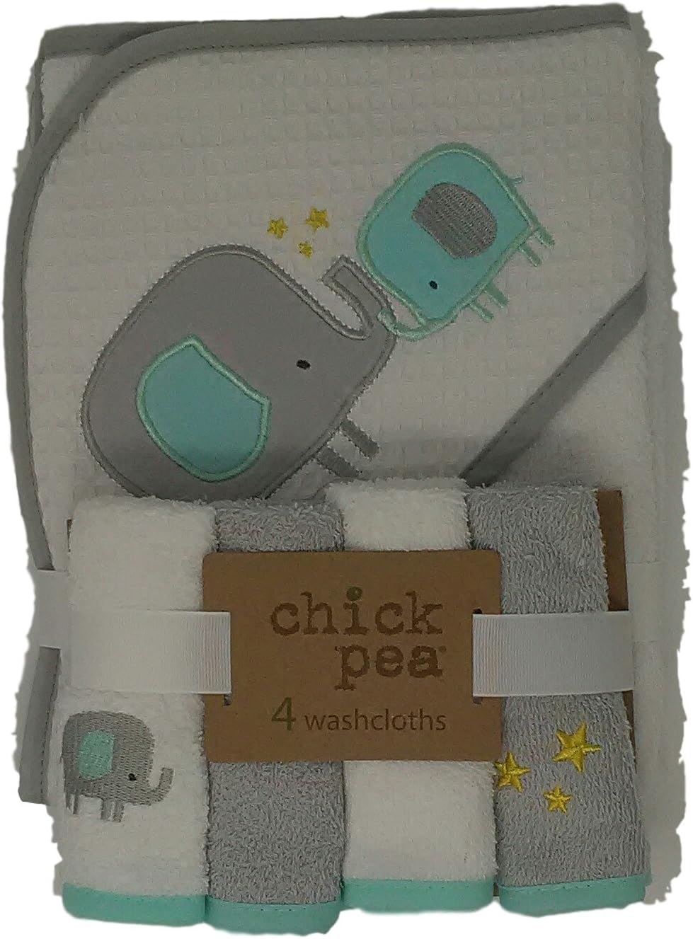Chick Pea Baby Gift Set: Hooded Towel and 4 Washcloths (5 piece bundle) (Elephants, White, gray trim, mint)