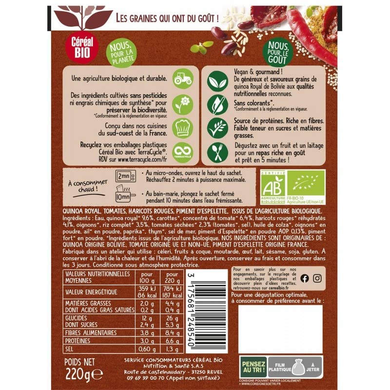 Cereal Bio - Quinoa Royal Tomates Séchées Et Piment D'Espelette Bio 220g - Epicerie Salée Saine Et Savoureuse - Le Lot De 4