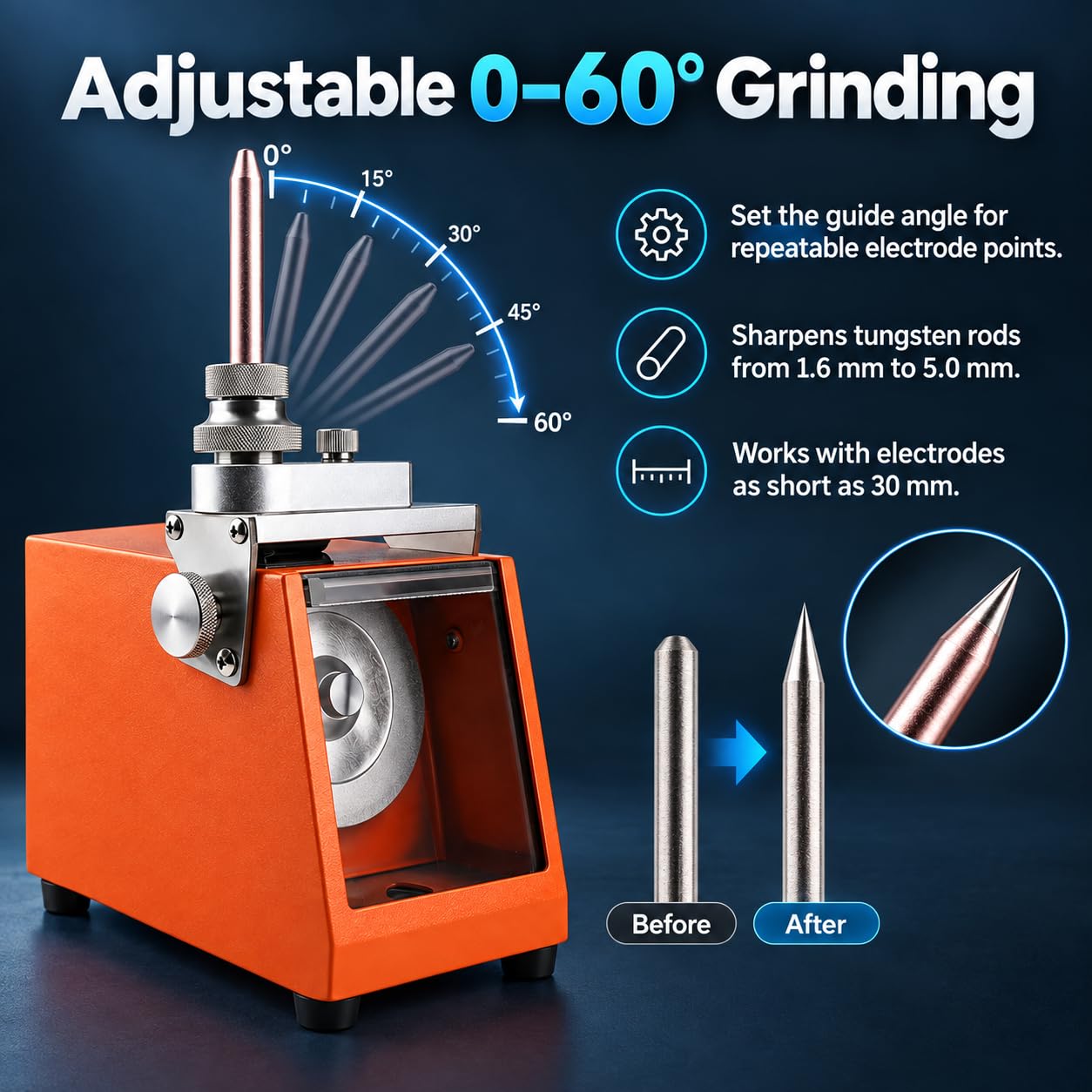 Affilatrice per elettrodi di tungsteno TIG, 1,6-5,0 mm, 0-60 gradi
