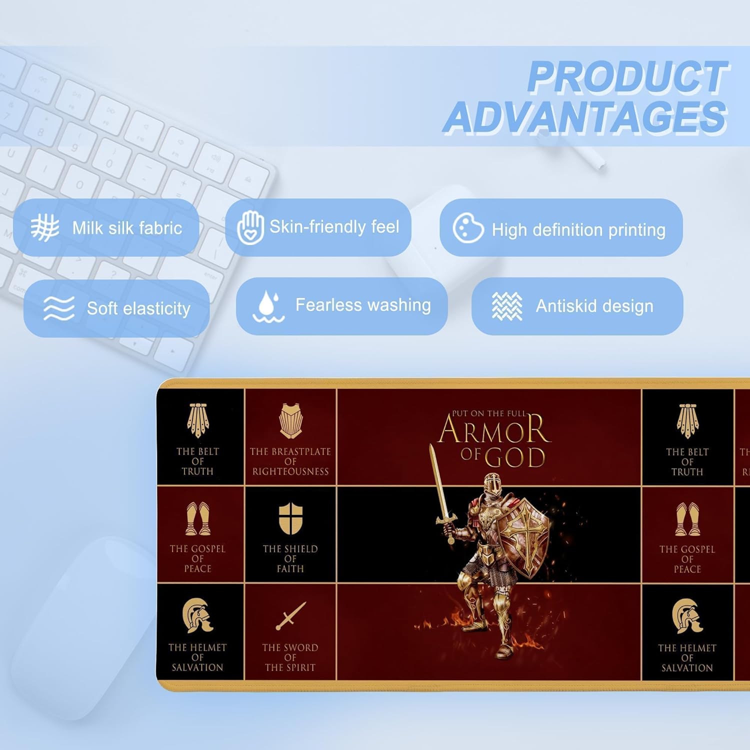 Christian Mouse Pad,Jesus XXL Gaming Mouse Pads,Inspirational Armor of God Mousepad,Large Waterproof Non-Slip Rubber Desk Mat with Stitched Edges Office Home Computer Desk Accessories,35.4 x 15.7 in