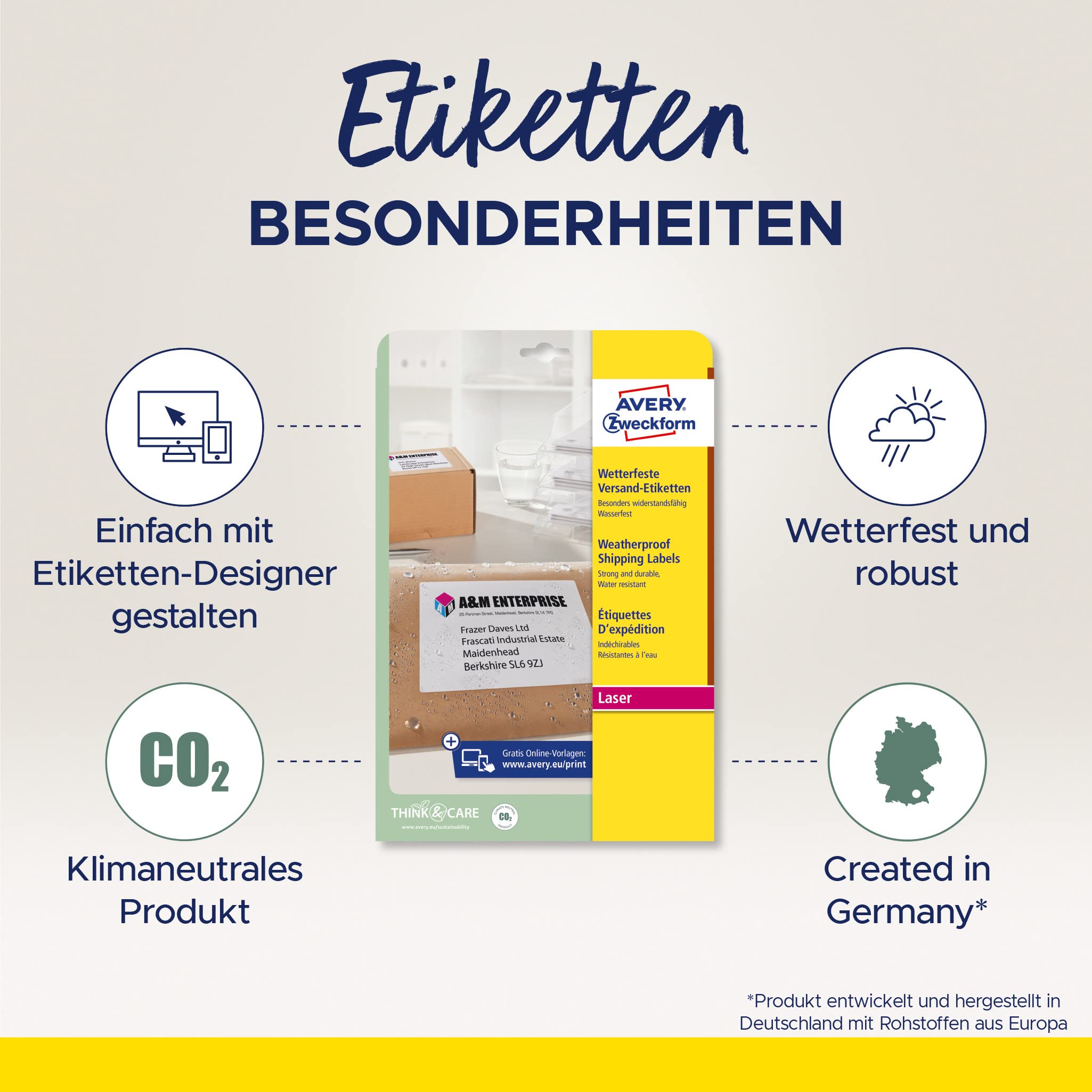 AVERY Zweckform L7992-25 wetterfeste Versandetiketten/ Versandaufkleber (250 Etiketten, 99,1x57mm auf A4, bedruckbar, selbstklebend, für DIN B4/C4 Umschläge und Versandrollen) 25 Blatt, weiß