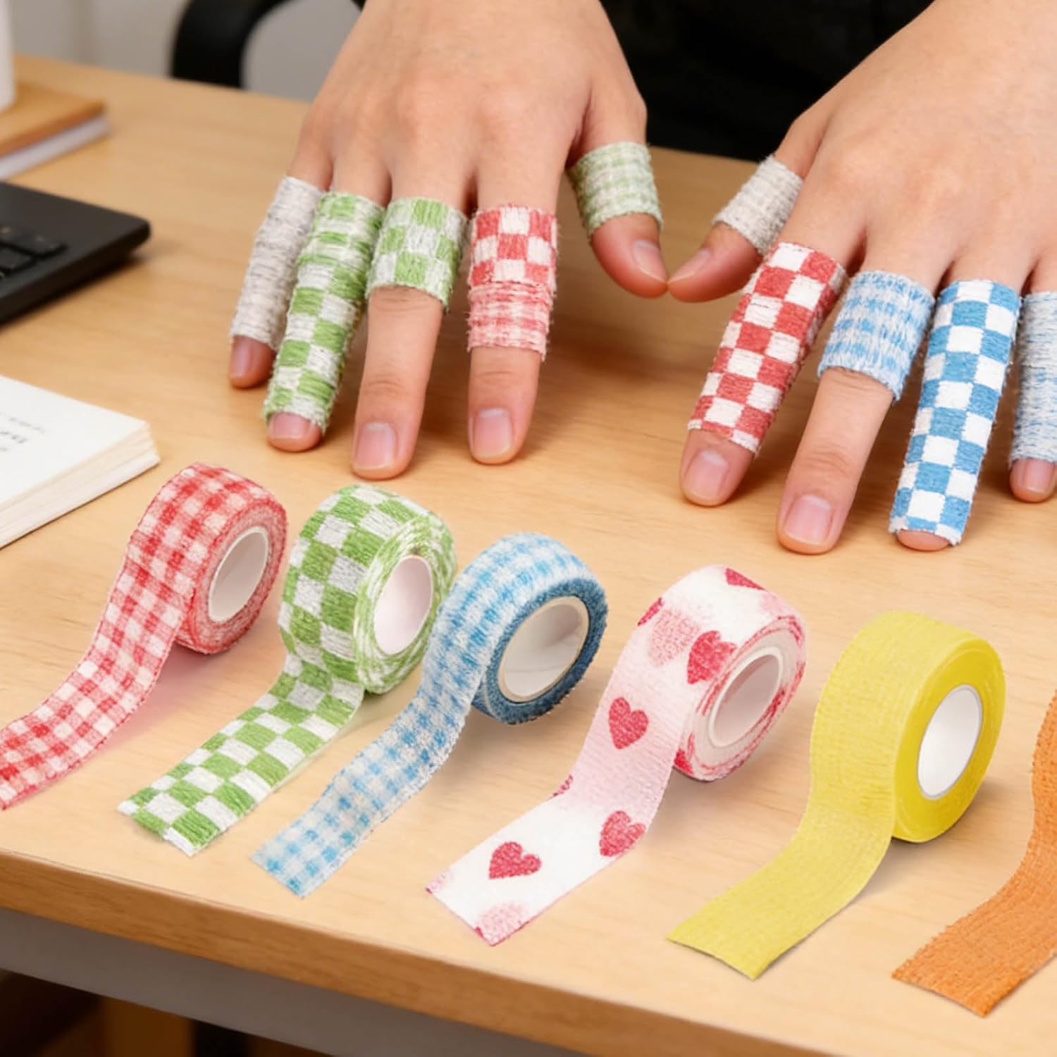 8 Pack Thimble Tape for Hand Sewing, Self Adhering Finger Protectors for Hand Embroidery, Breathable No Residue Finger Tape for Knitting Craft, Adjustable Nail Protector DIY Sewing Tools