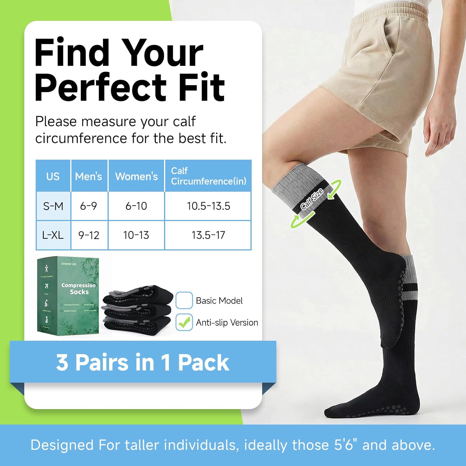 Bamboo Viscose Compression Socks - Knee-High Support for Nurses, Pregnancy, Travel (Regular/Non-slip)