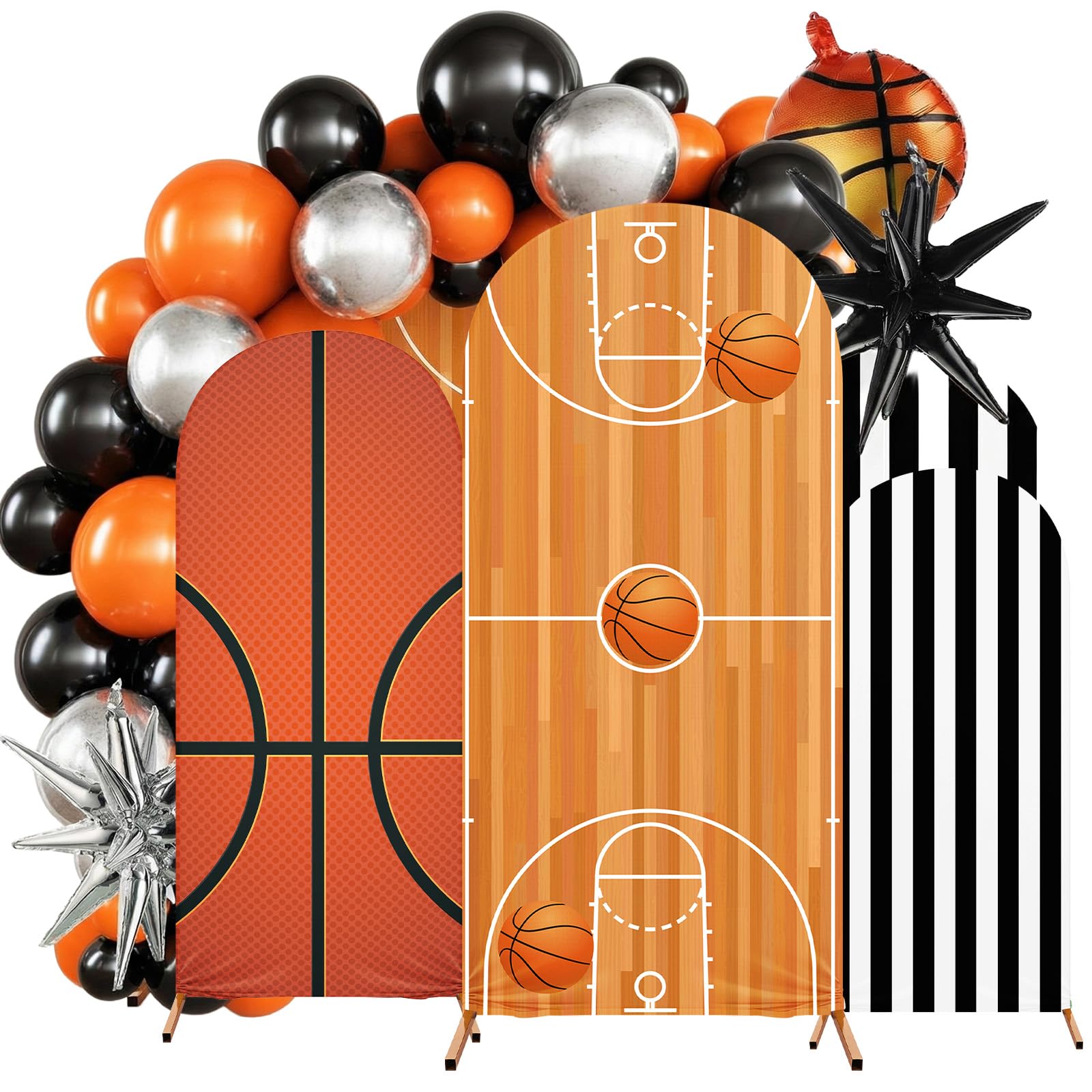 Tingjoo 103 Pcs Basketball Birthday Party Decoration, 4ft, 5ft, 6ft Basketball Arch Backdrop Stand Cover Basketballs Balloon Arch Kit with Balloons Photo Background Props Sports Themed Party Decor