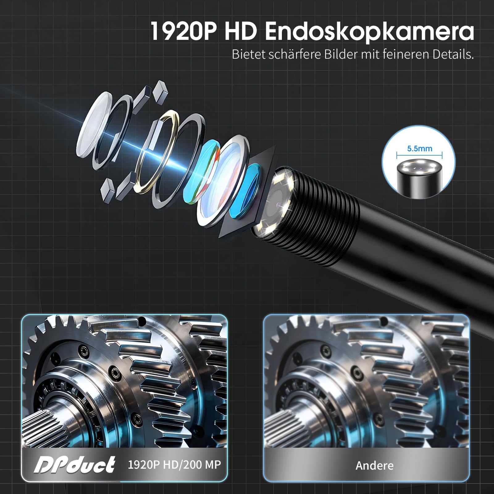 Kamera endoskopowa ze światłem, 5,5 mm, ultracienka, 1920p HD, endoskop z półsztywnym kablem o długości 5 m, wodoszczelna IP67, kamera kanalizacyjna do systemu Android, iPhone, iOS, Samsung